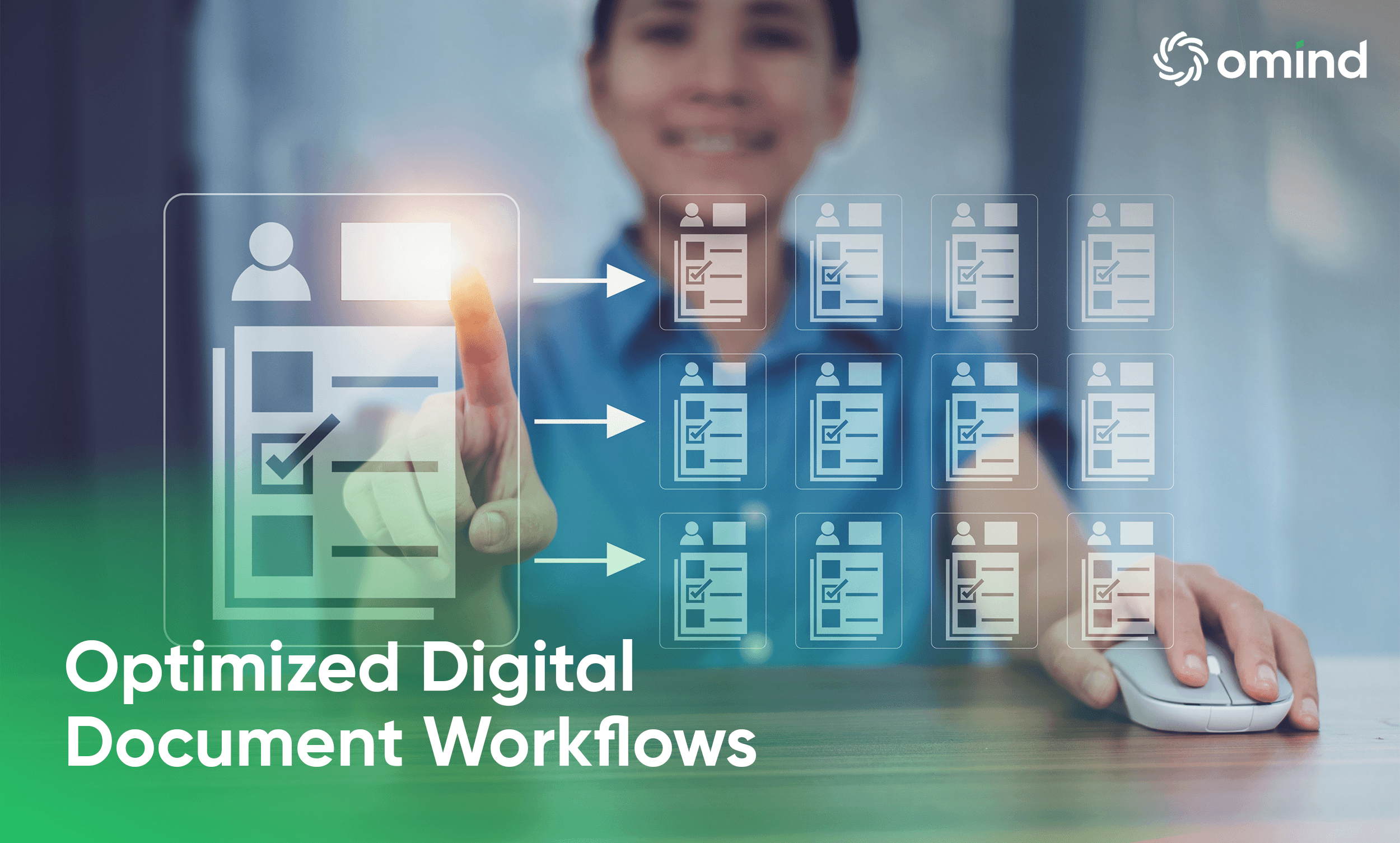 A touchscreen interface with icons representing document workflows, promoting efficient digital management solutions.