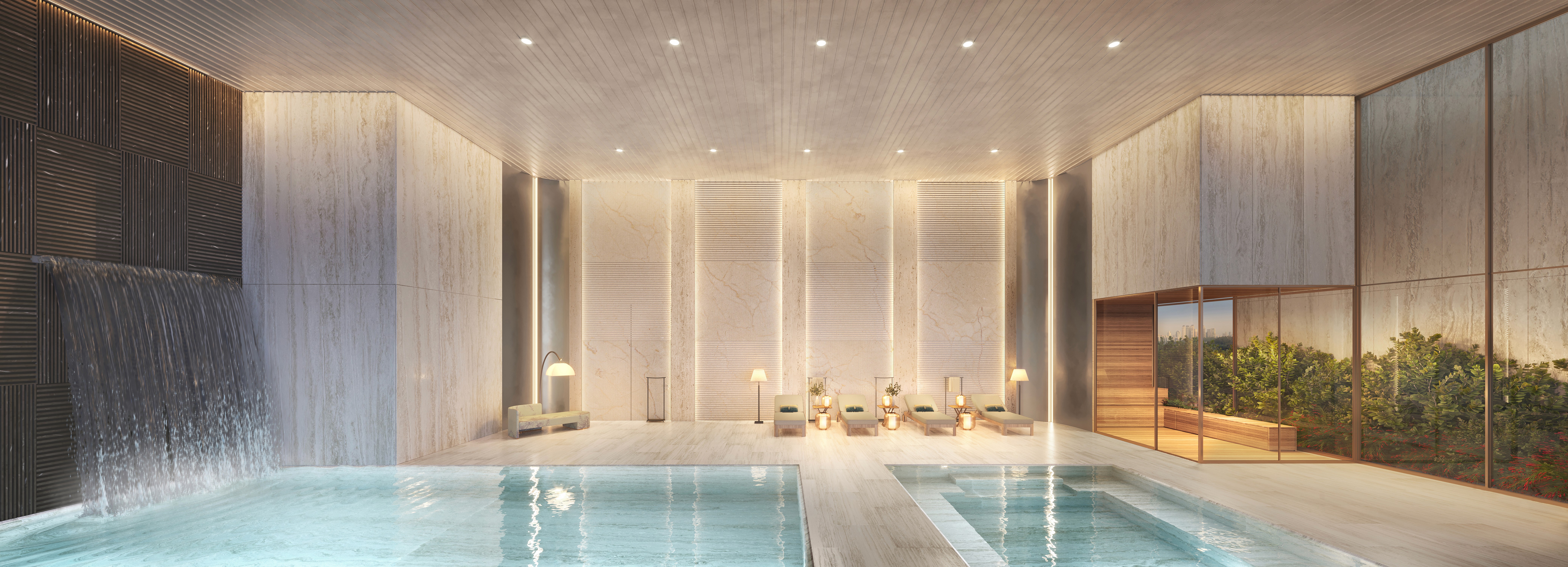 Curved modern skyscraper against a clear blue sky.