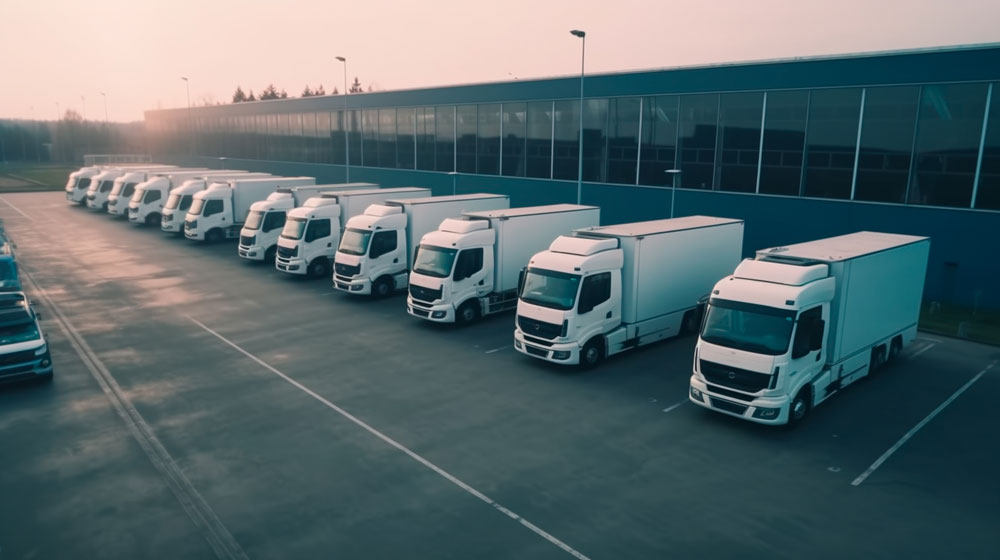 A line of parked trucks at a depot, illustrating the financial pressures on haulage companies