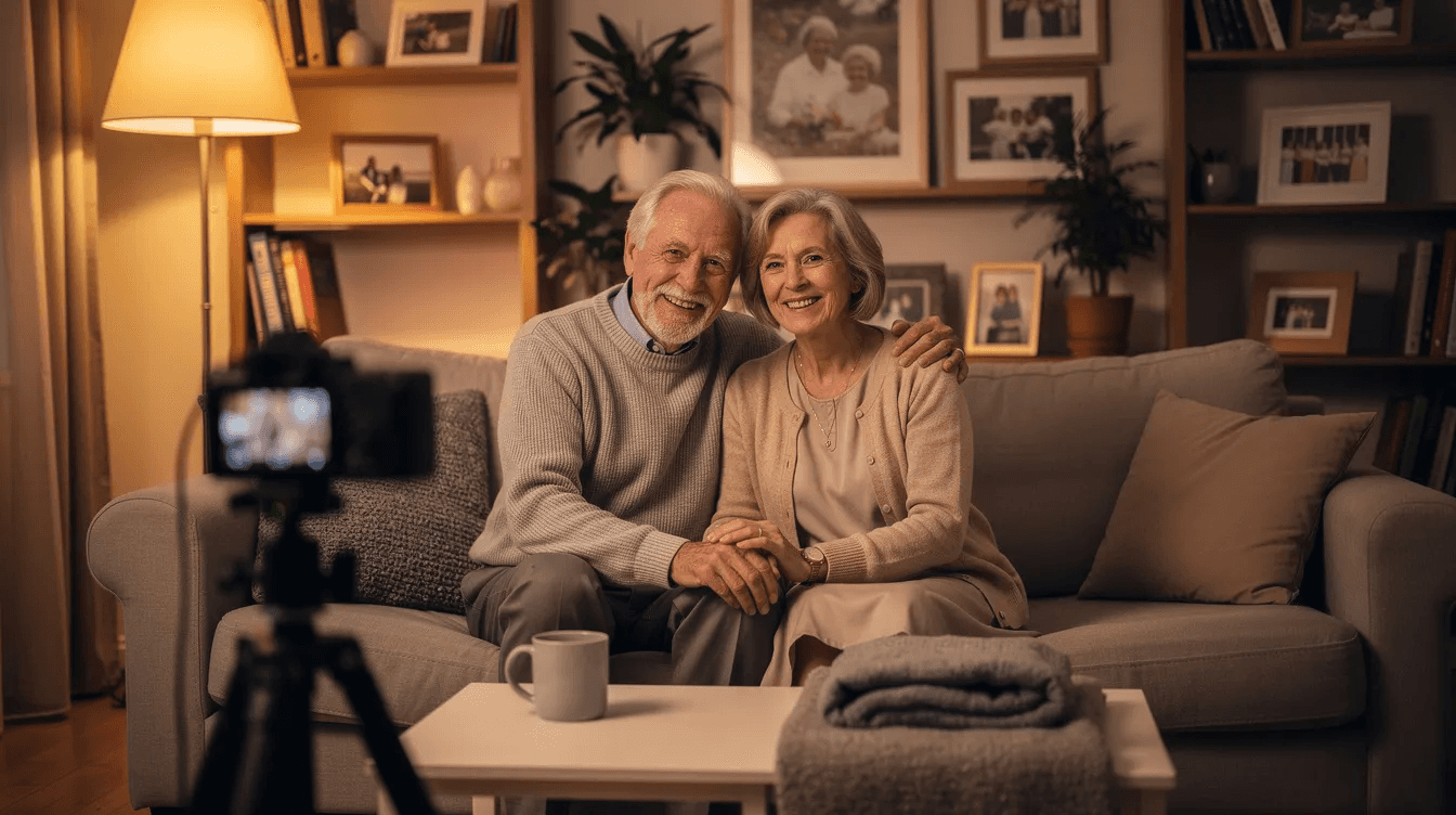 An elderly couple sits together in a warmly lit living room, with a camera on a tripod aimed at them, ready to capture their life stories and family history for future generations. This intimate setting invites them to share meaningful memories and experiences, creating a legacy video that will be cherished by loved ones.