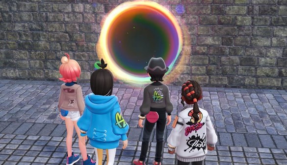 Screenshot jeu Switch – cinq personnages en tenue futuriste devant un portail lumineux circulaire dans un décor de pierre sur KeyVerse Gaming