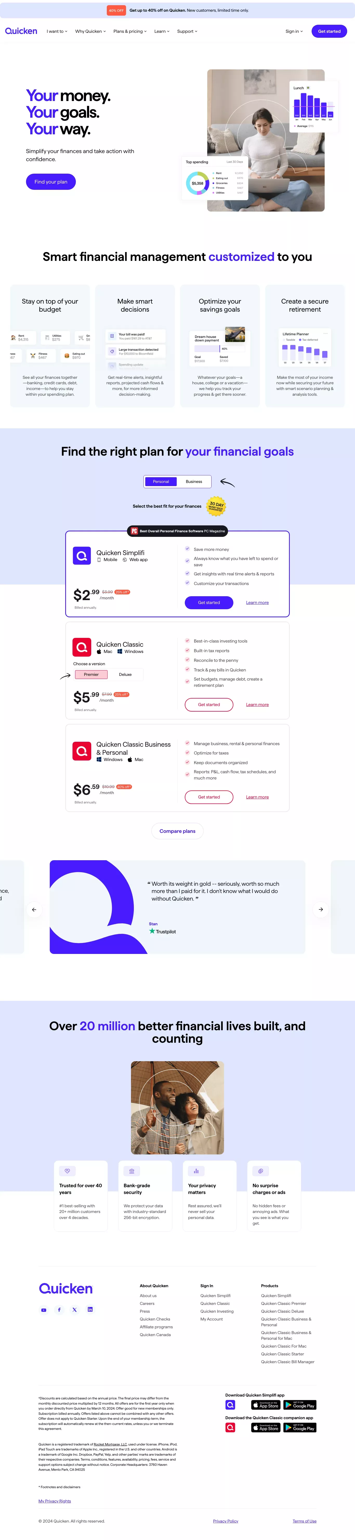 Quicken landing page screenshot showcasing Tech and Finance design
