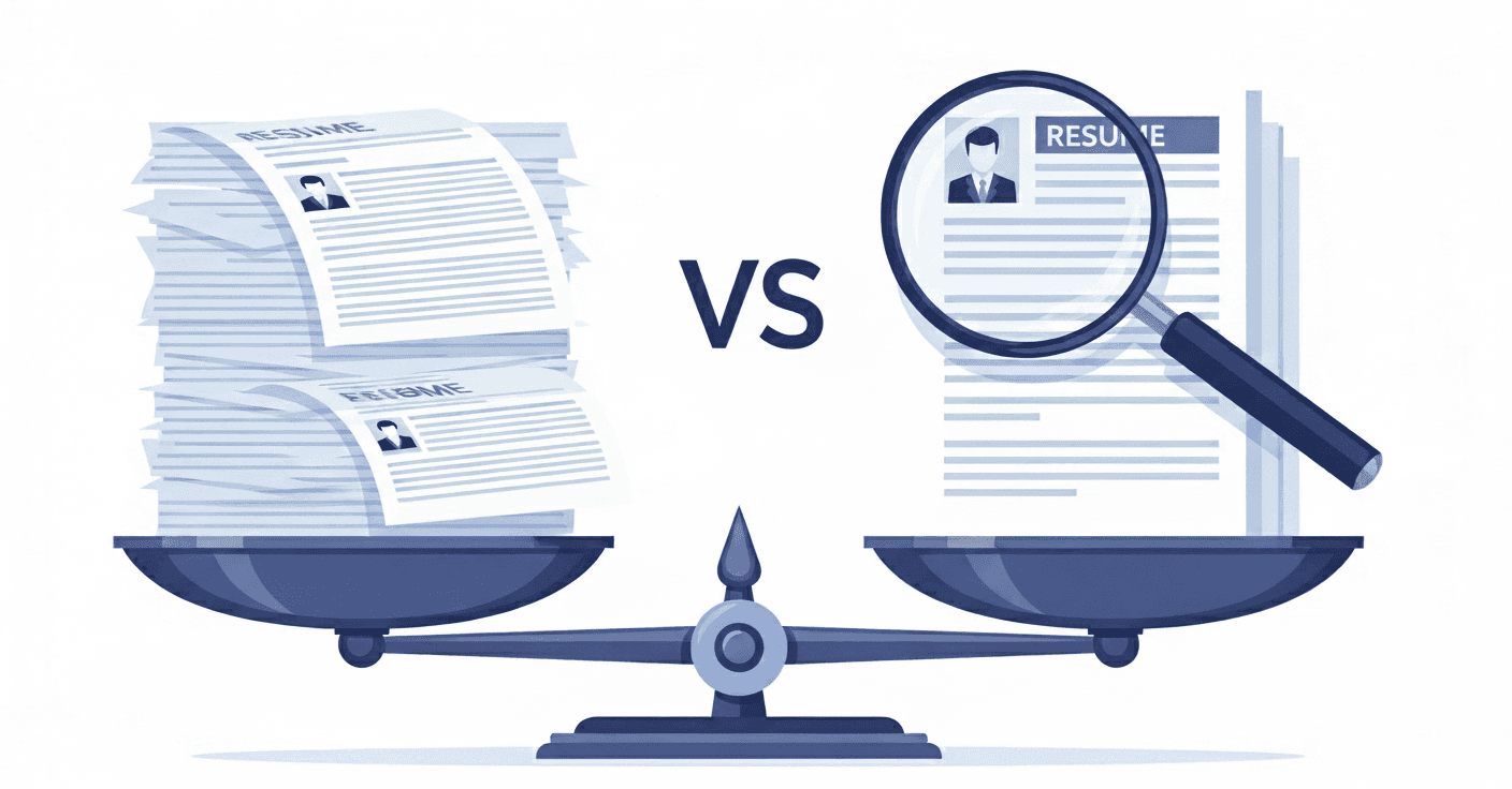 A professional illustration showing balance and strategy in job searching: on one side, a stack of resumes or documents representing volume, on the other side, a magnifying glass examining a detailed resume representing quality and customization. The image should show these elements balanced on a scale or in equilibrium, with a modern, clean design style using professional blues and grays.