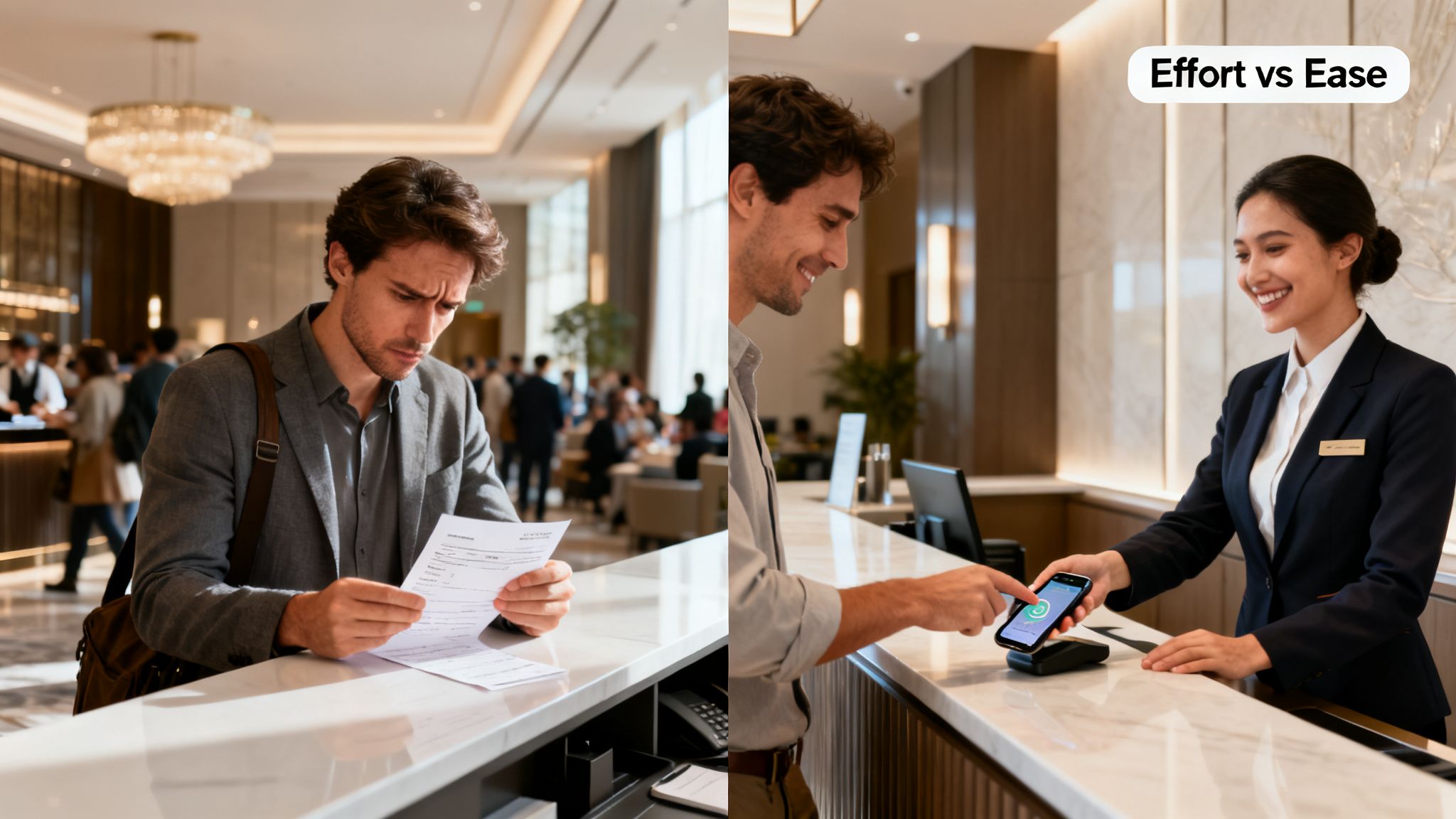 A split image contrasting a man struggling with paperwork versus effortlessly paying with his phone at a hotel reception.