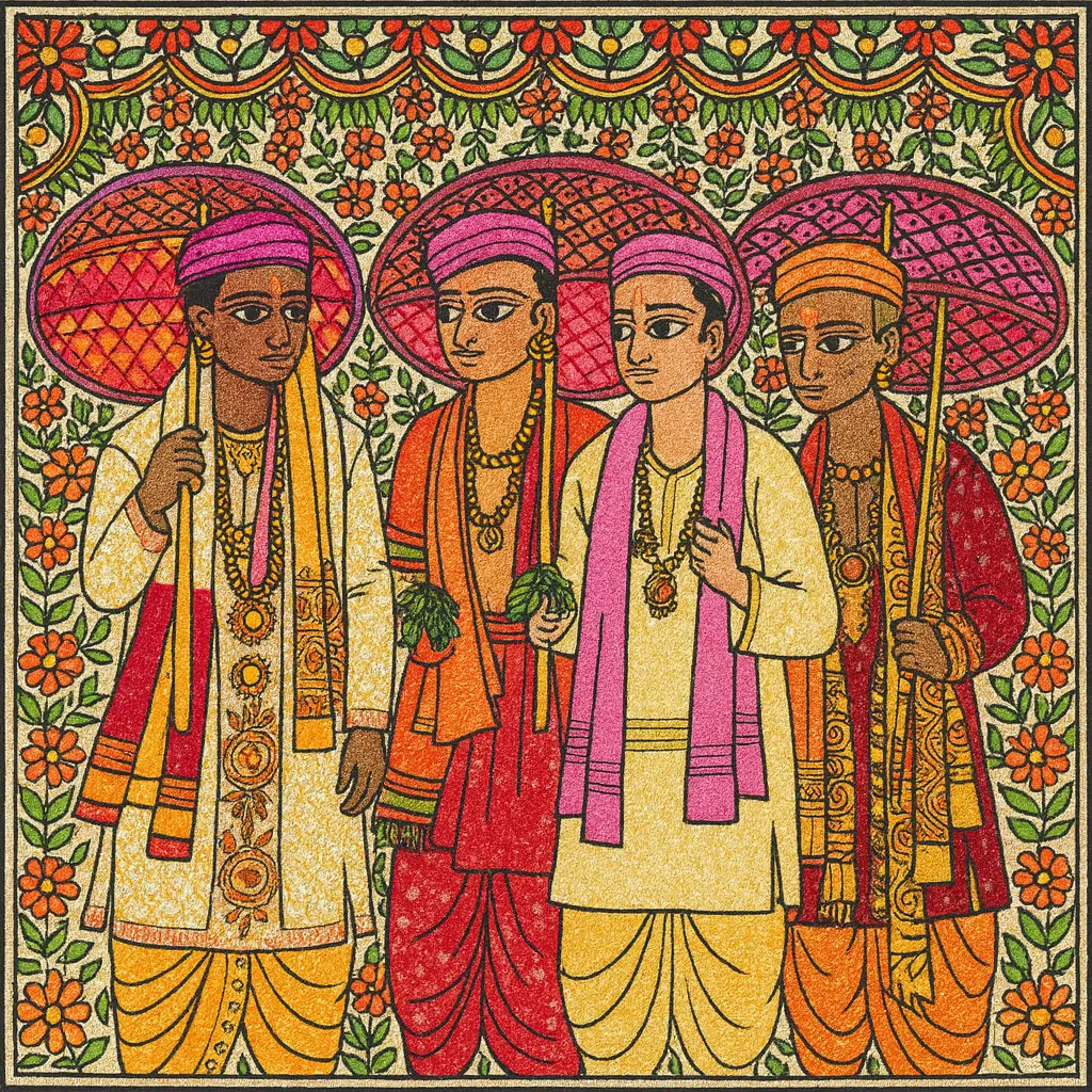 Seeking Alms, bamboo umbrella, Indian teenagers,thread ceremony