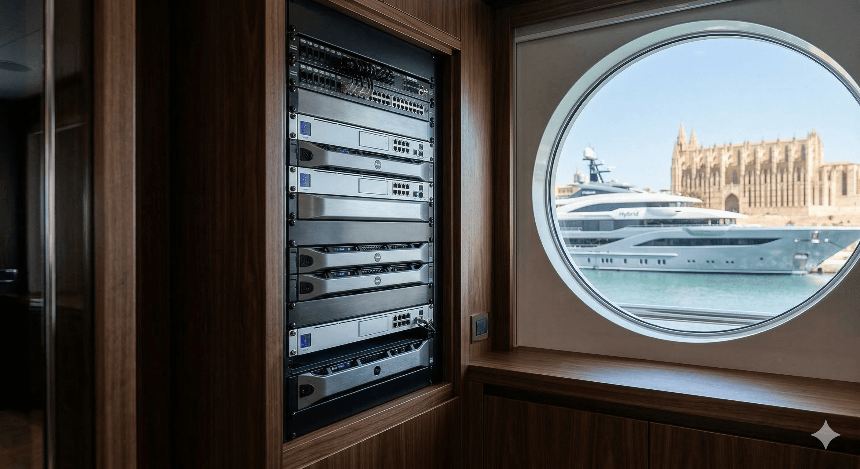 A professional, aesthetically integrated silent IT and AV server rack on a yacht, built with glowing LED indicators in high-end cabinetry. The porthole window frames the distinct sandstone facade of the Palma Cathedral (La Seu) and other superyachts in Marina Moll Vell, Mallorca.