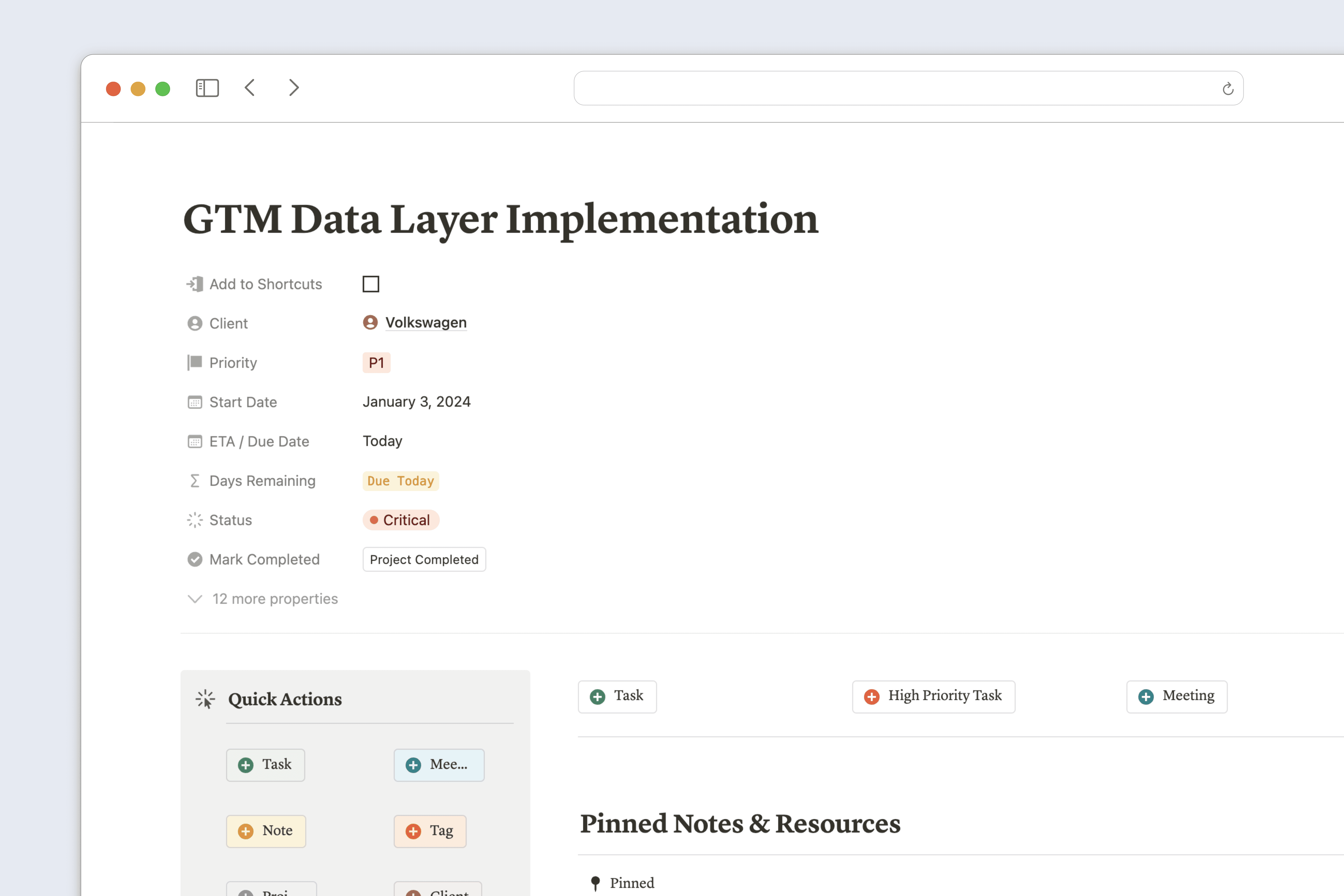 Detailed project view in Notion with tasks, meetings, notes, and progress tracking for a single project