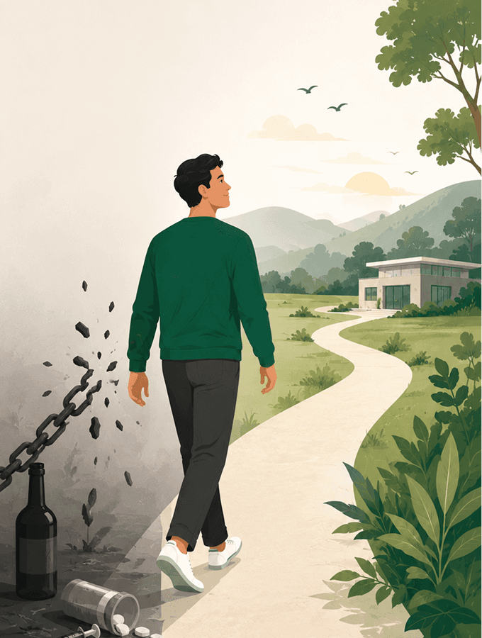 Illustration of a person leaving addiction behind and moving toward recovery