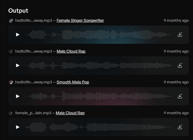 Kits AI audio outputs. The generated audio have been downloaded