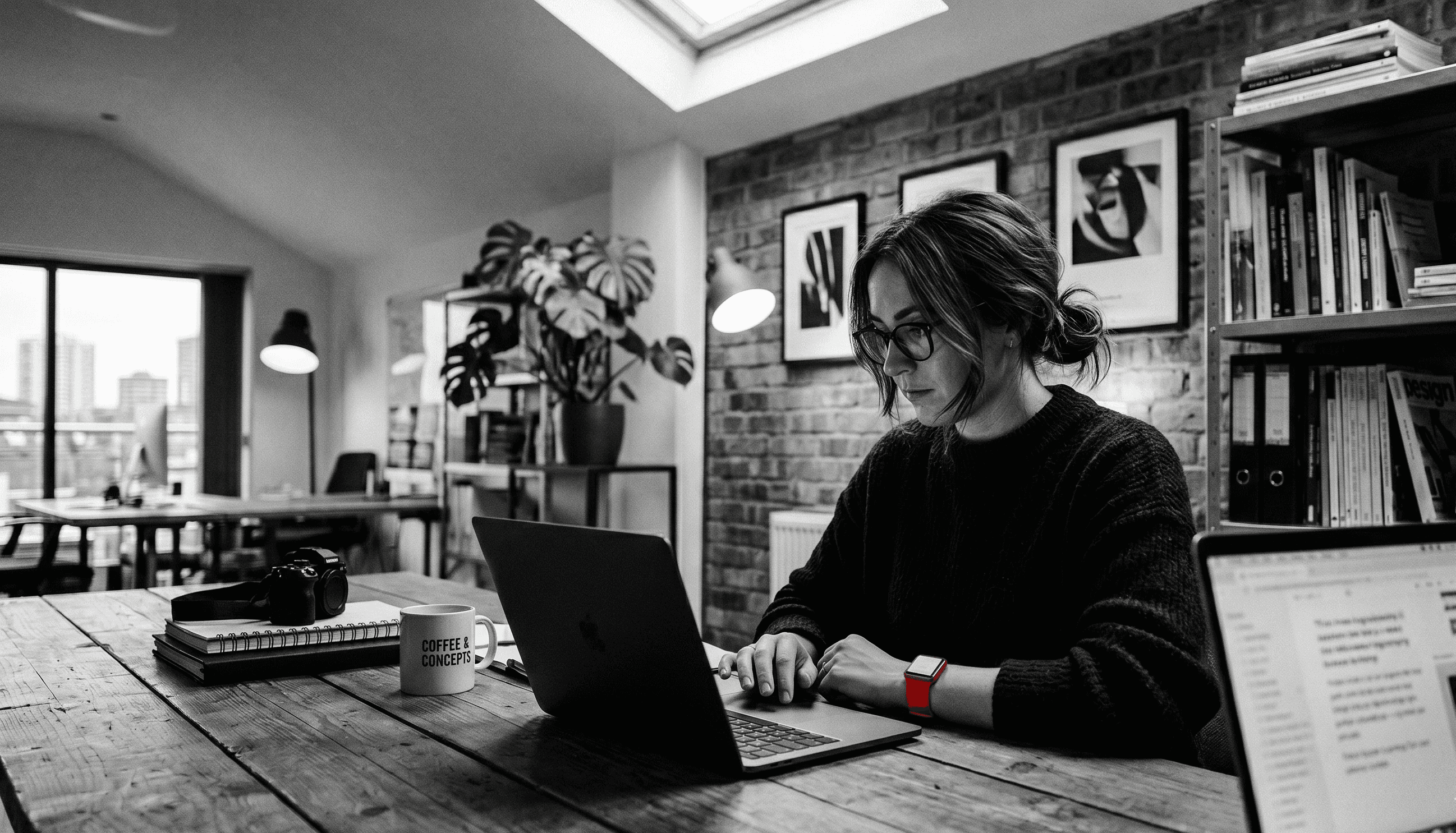 Person reviewing content on a laptop in a dark workspace, representing AI-assisted marketing strategy