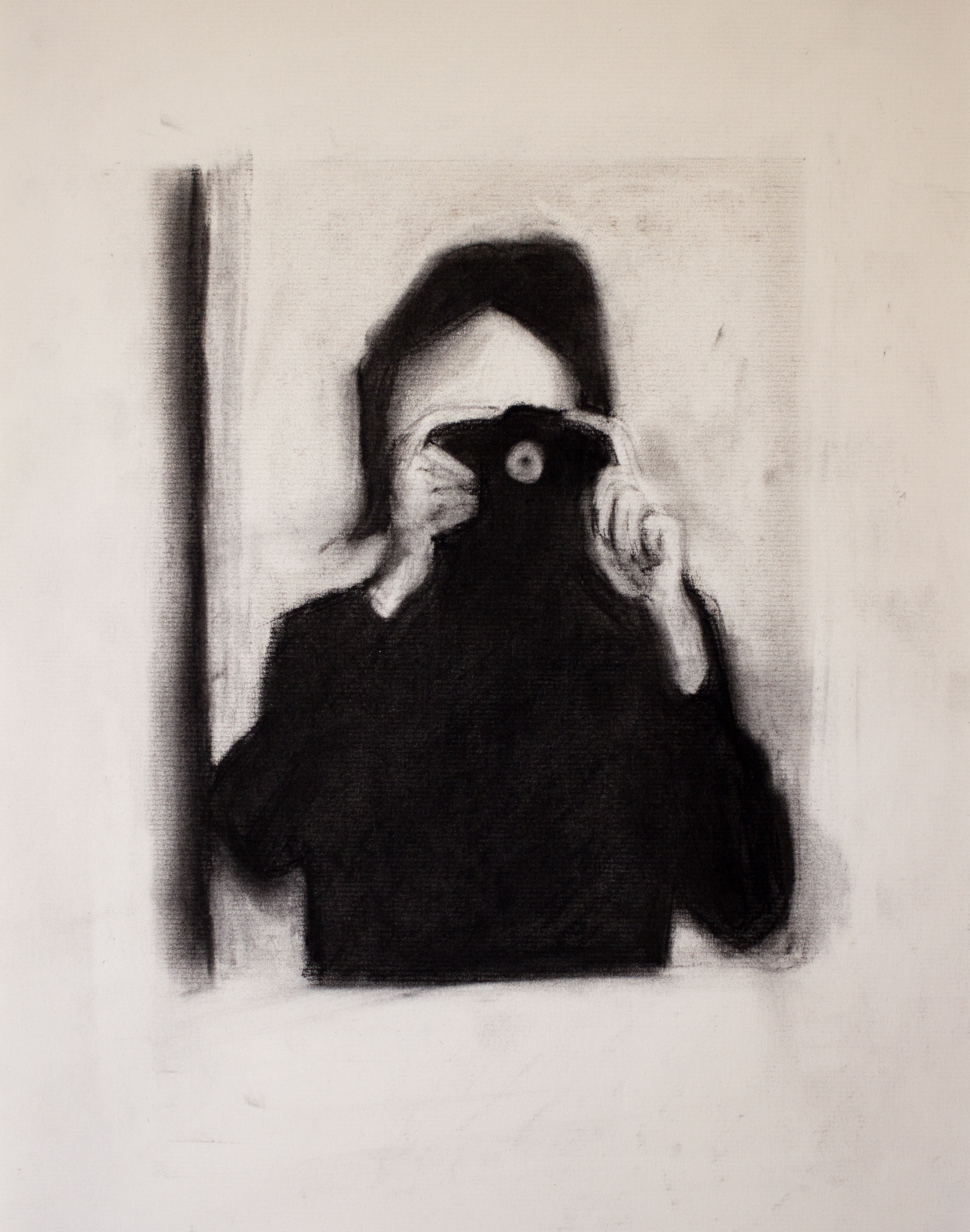 Me and meg and many cameras (1), 2018, charcoal on paper, 14x11"