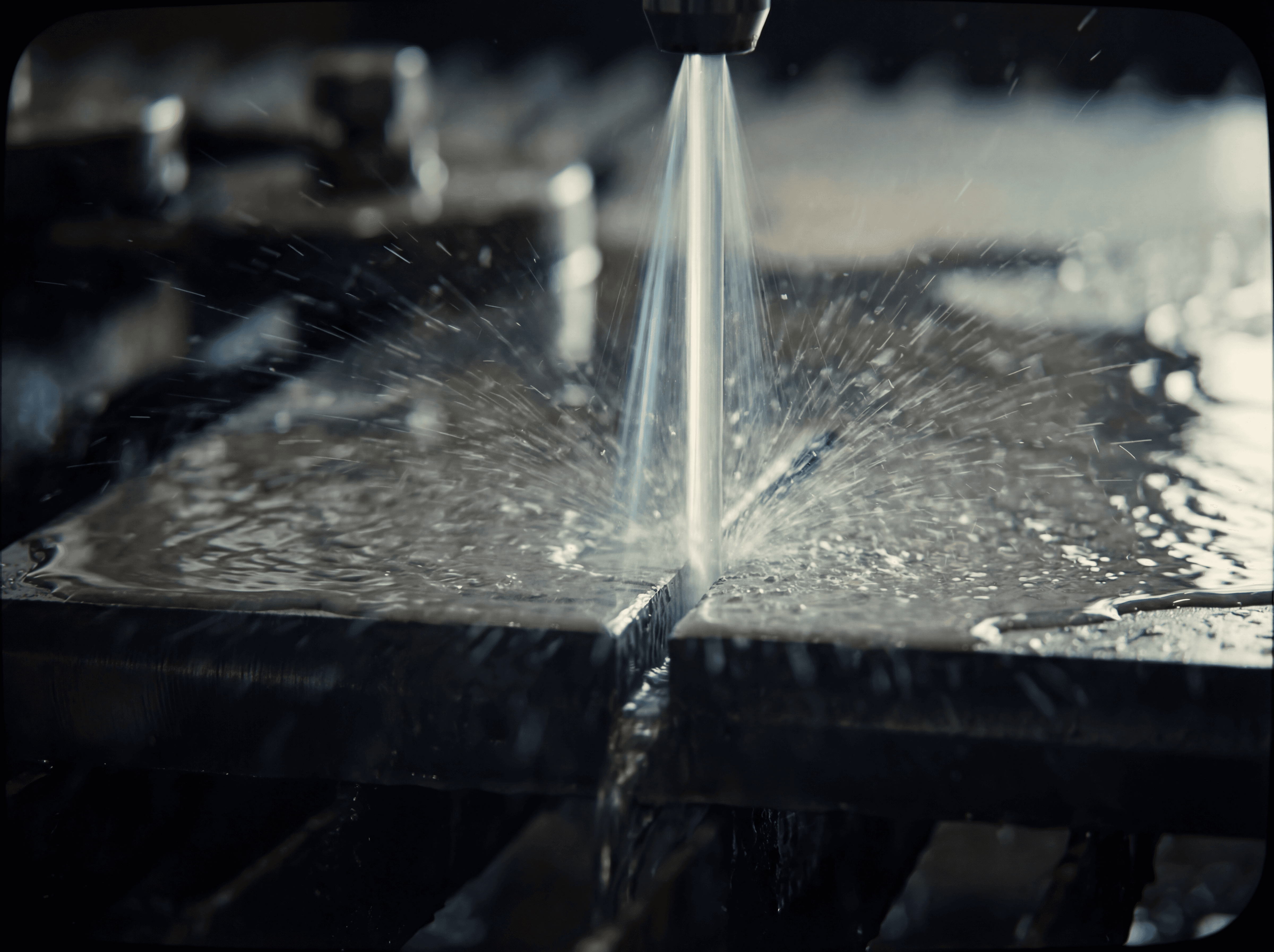 Dettaglio taglio a getto d’acqua su materiale metallico ad alto spessore