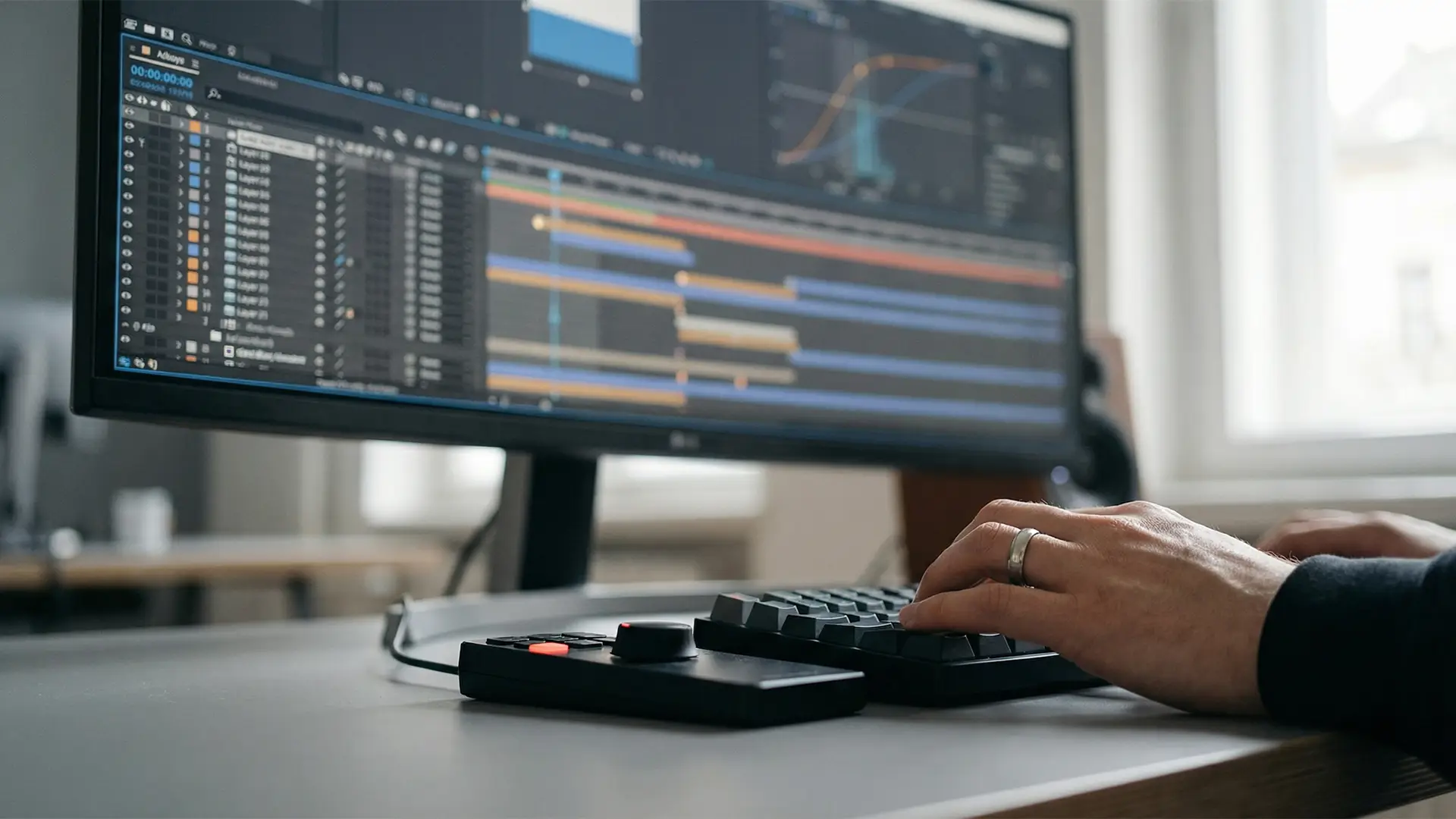 A close-up of an animator working in Adobe After Effects, with a complex multi-layered timeline and graph editor visible on screen, shot with a shallow depth of field.