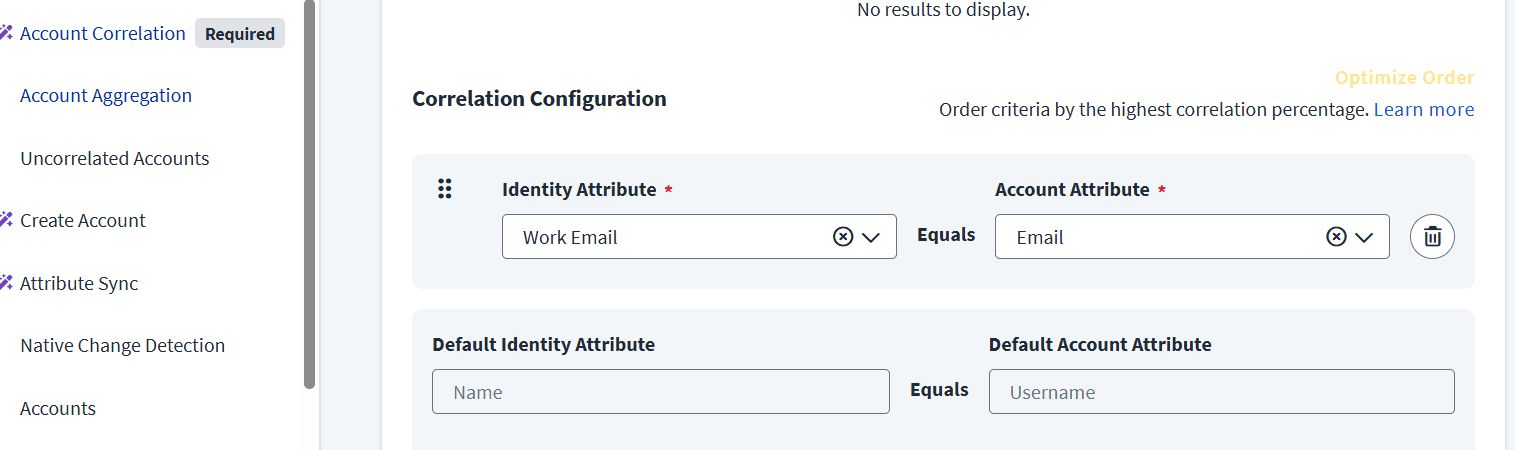 SailPoint ISC Correlation Configuration screen mapping the Work Email identity attribute to the Salesforce Email account attribute.