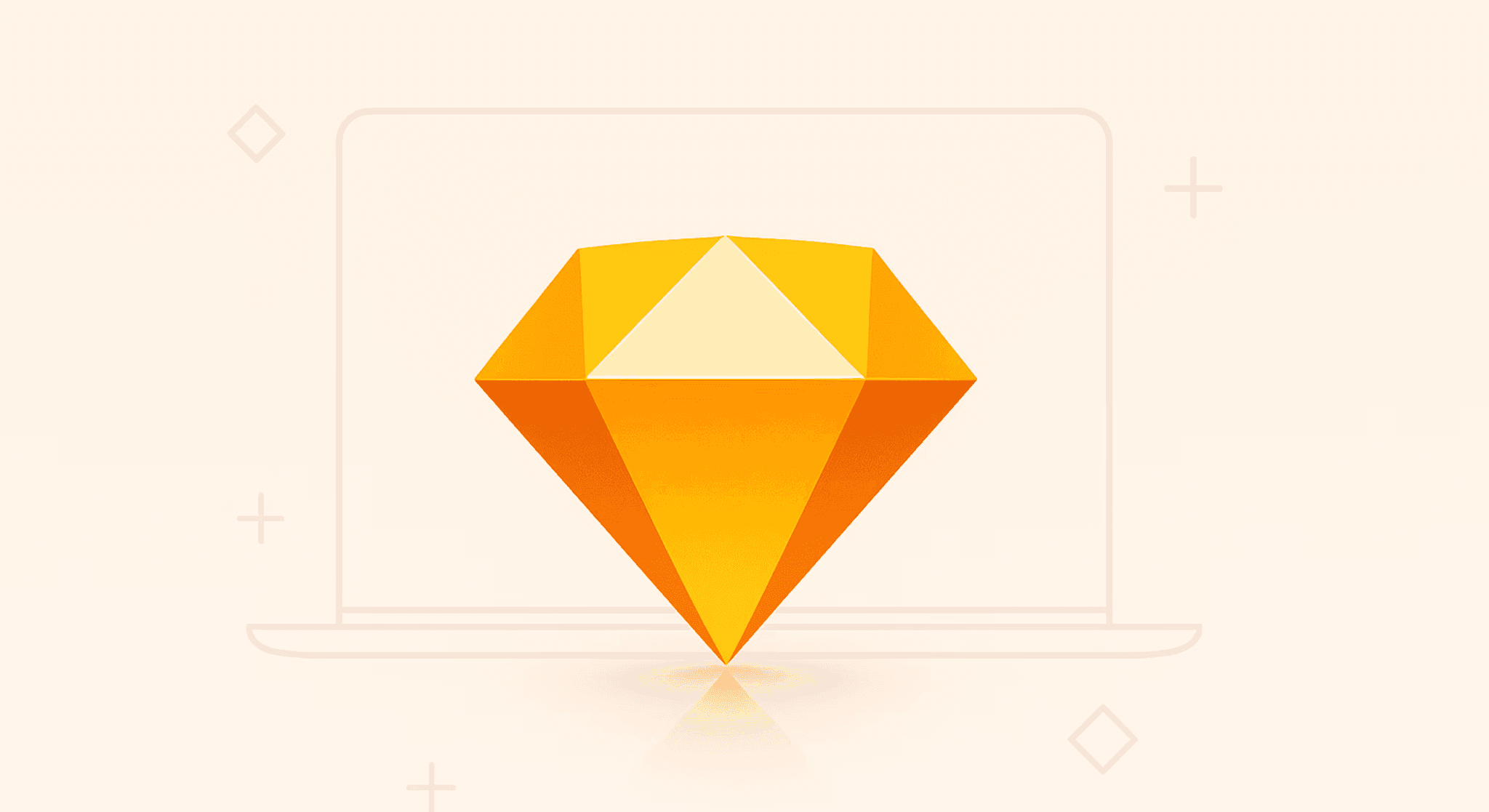 Sketch app diamond logo centered over a minimal laptop outline, symbolising vector-based UI design for macOS.