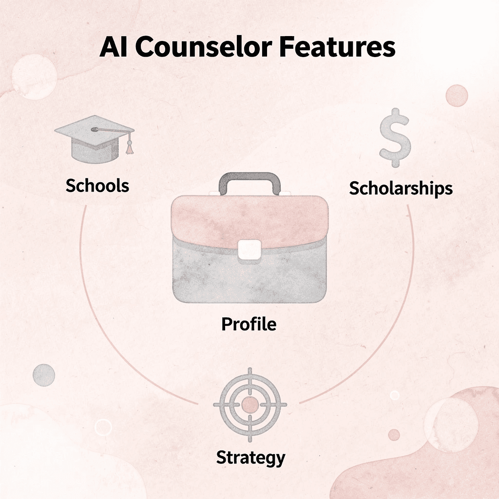 Hub and spoke diagram showing AI counselor connecting to profile, schools, scholarships, and strategy