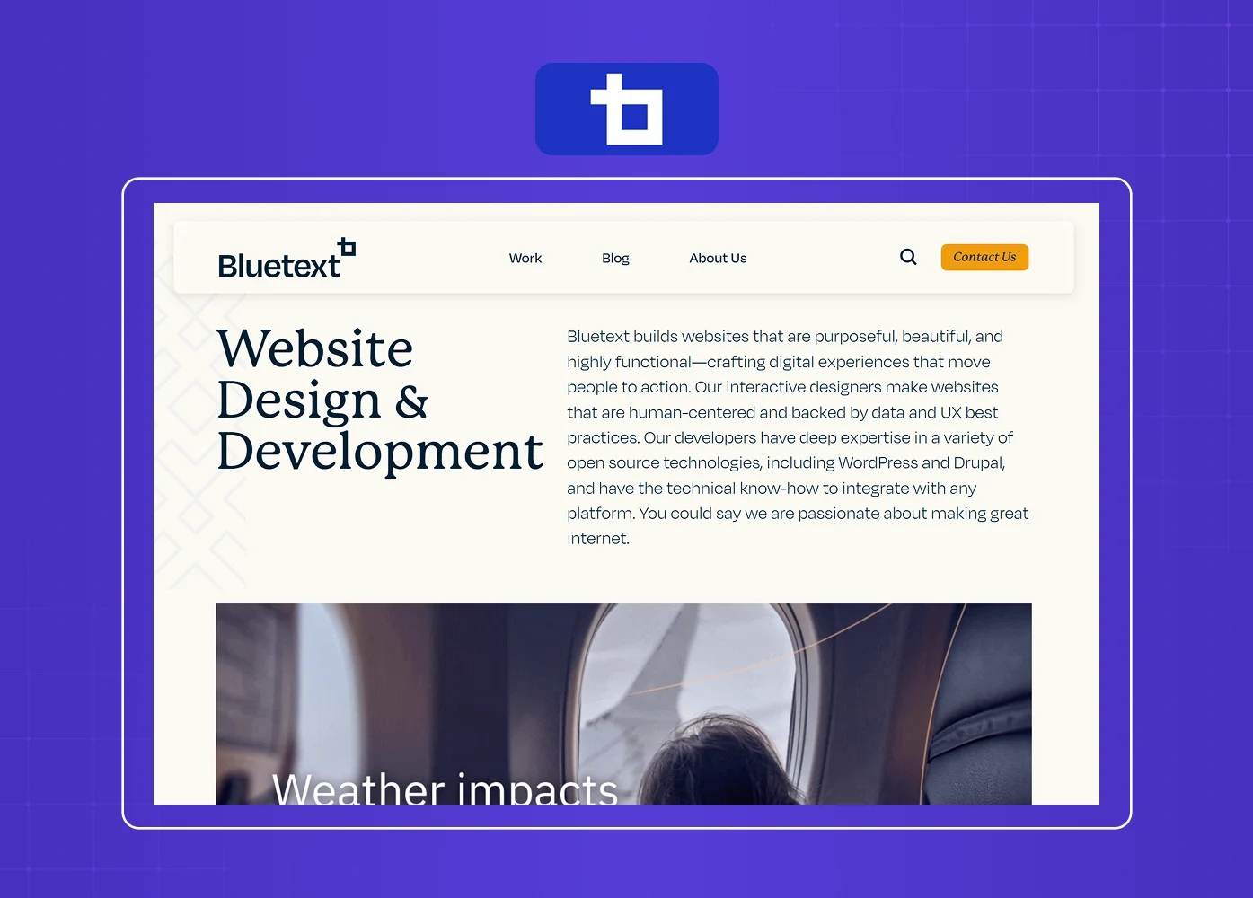 The Bluetext web design and development page combines an editorial-style layout with enterprise-focused digital experiences.