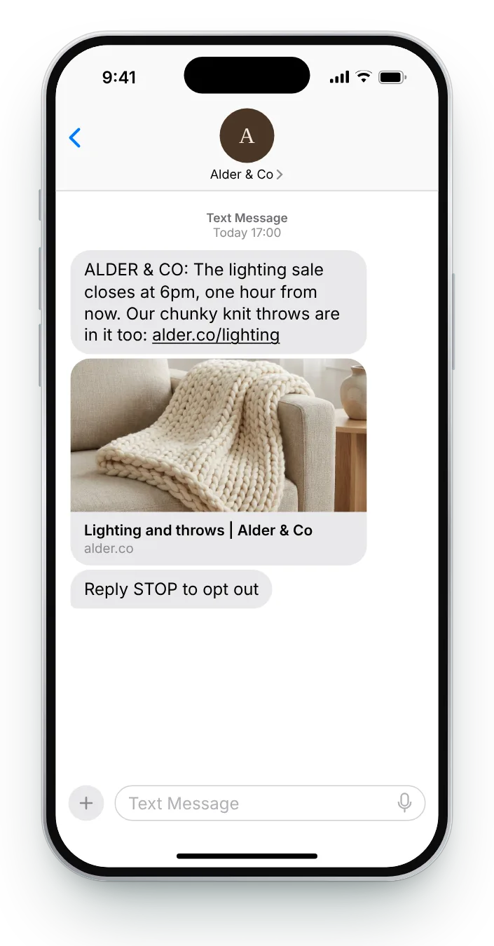The last 60 minutes flash sale text on an iPhone