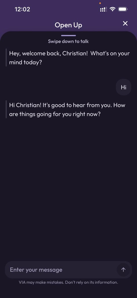 A smartphone screen displaying a chat interface titled 'Buddy Mode'. The chat shows a conversation between a user and an AI assistant. The AI, in a light blue text bubble, introduces itself as a great listener, explaining it won't talk much about itself but is there to help the user share their feelings and provide support. The user replies in a dark blue bubble, 'I am feeling stressed lately'. The AI responds in another light blue bubble, 'Thanks for being open with me, Christian. I can sense there's been a lot weighing on you. Would you like to tell me a bit more about what's been stressing you out lately? Sometimes even talking it can take a bit of the power away.' Below the chat, there's a text input field labeled 'Enter your message?' and a disclaimer 'LUMI may make mistakes. Don't rely on its information.