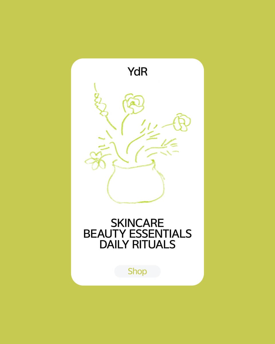 White card design with an ilustration of flowers to promote a skincare beauty product from the collection essentials.