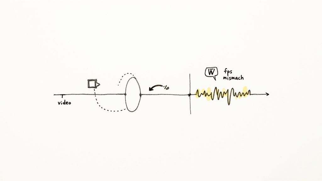 An audio waveform displayed on a computer screen, indicating the process of sound editing and synchronization.