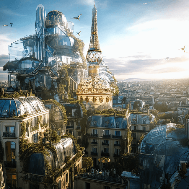A Guerlain Bee Bottle redesigned via generative AI, putting the bottle in the middle of a dystopic rewilded Paris.
