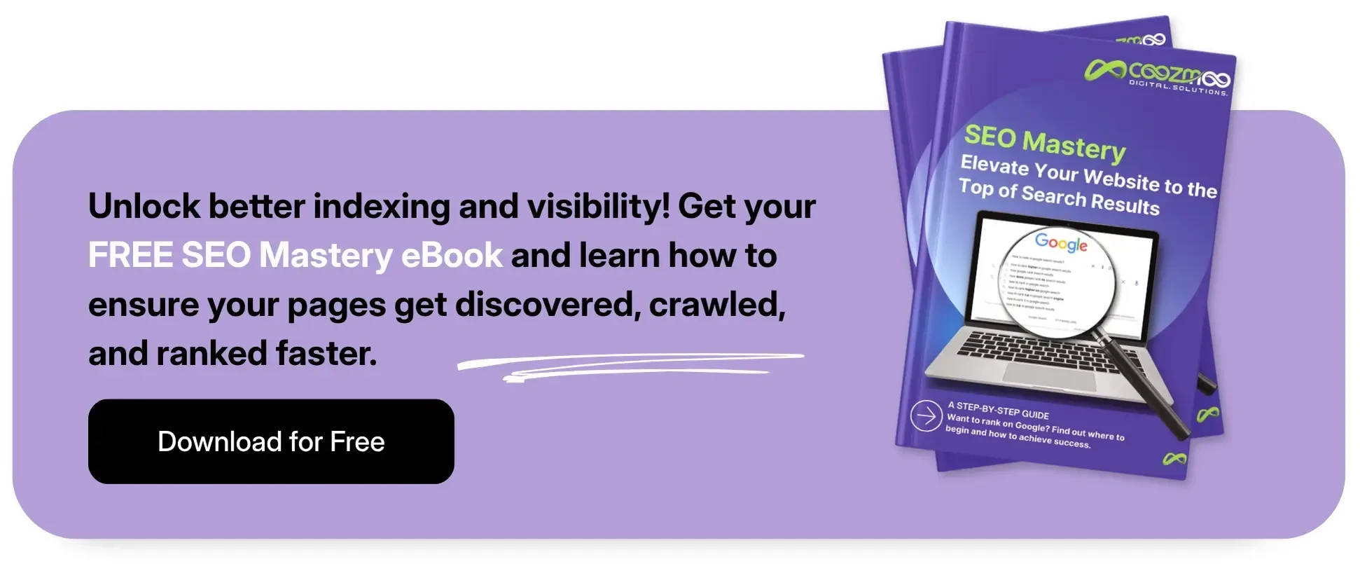 A call-to-action of Coozmoo's Free SEO Mastery Ebook