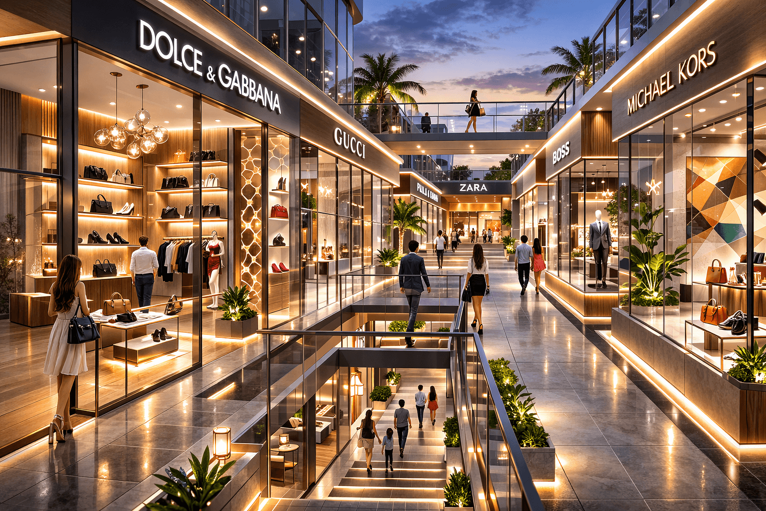 Elegant commercial shopping corridor with glass storefronts in Gurugram