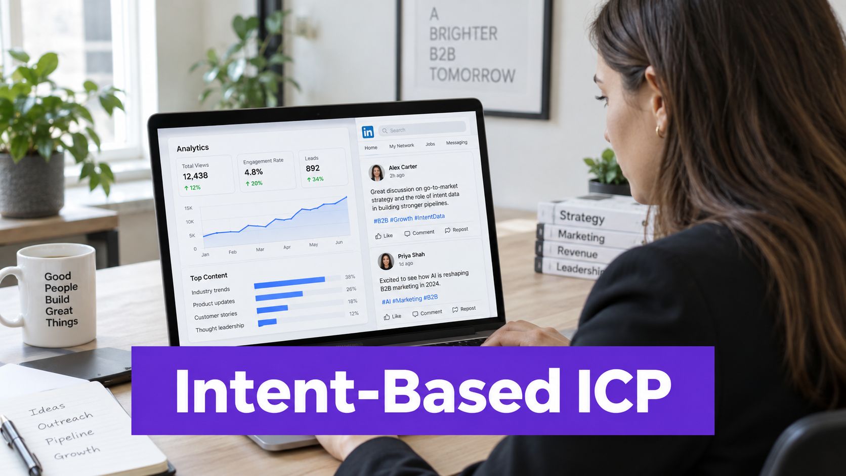 A professional analyzing LinkedIn analytics and content on a laptop for intent-based ICP strategies.