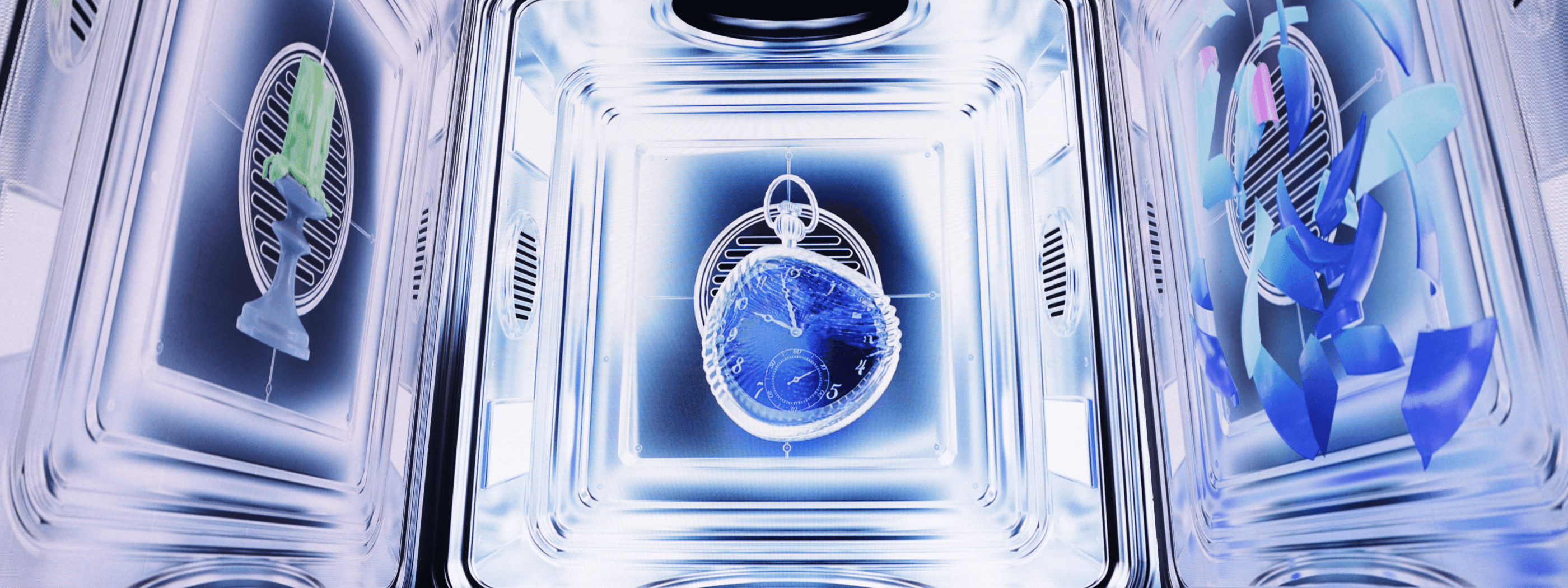 Tree branches reach towards a clear, blue sky.