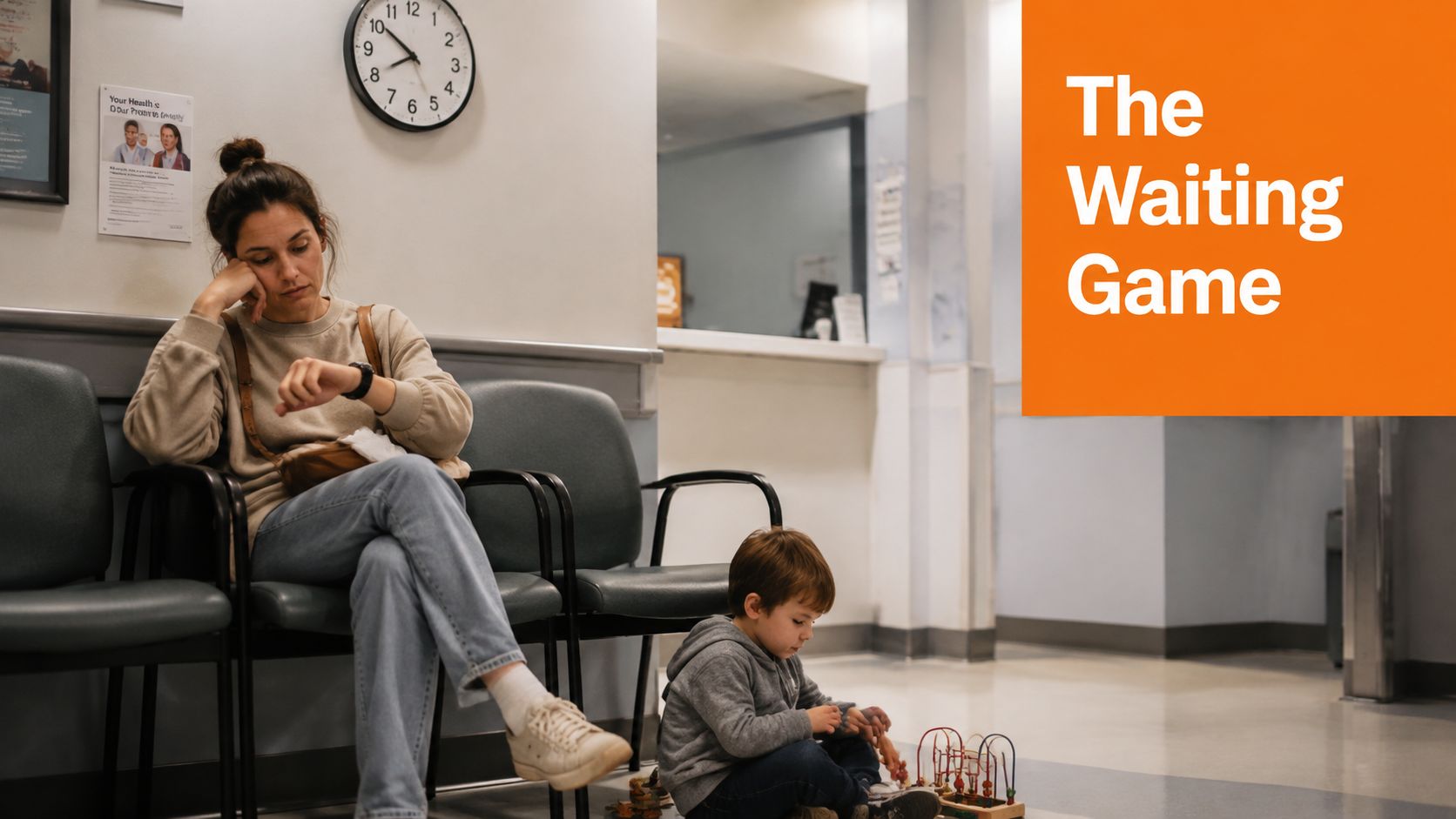 A mother waiting in a clinic lobby while checking her watch as her son plays nearby.