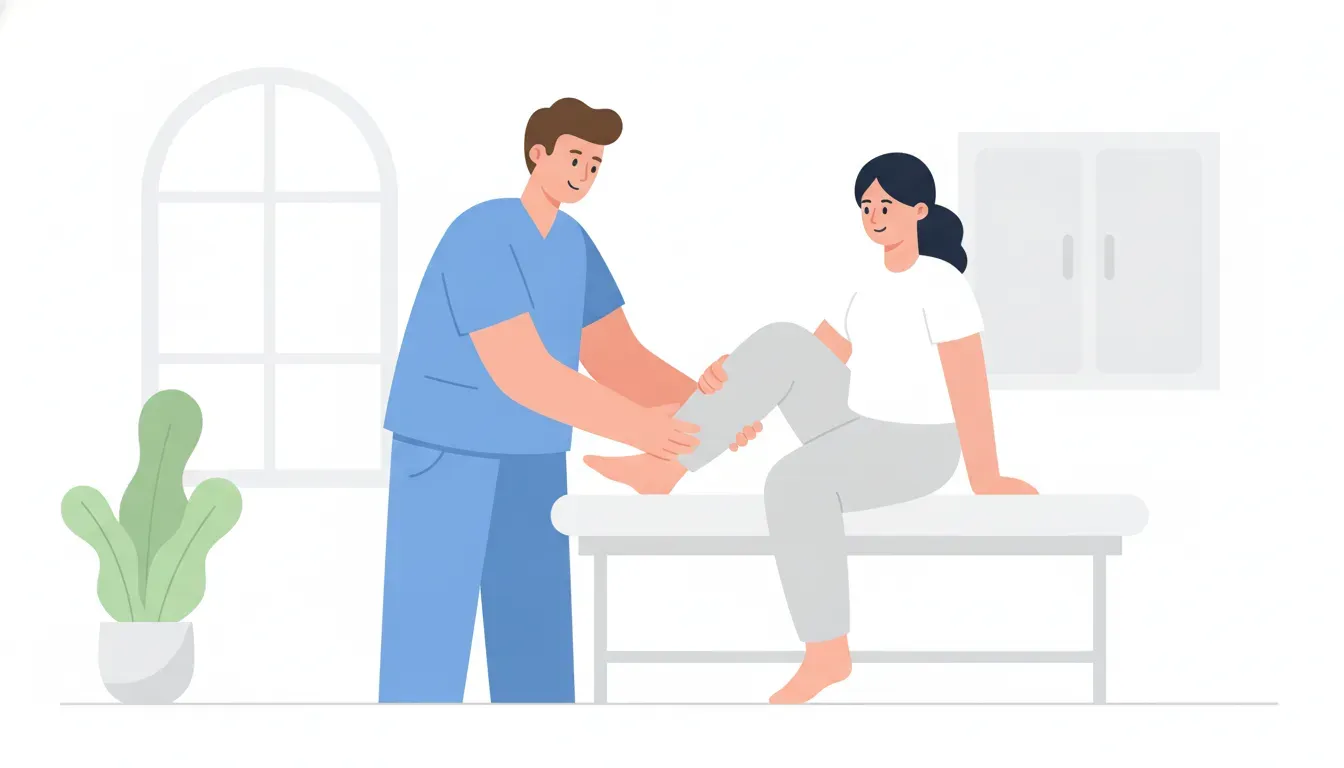 Clinician examining a patient's ankle during an ankle impingement evaluation