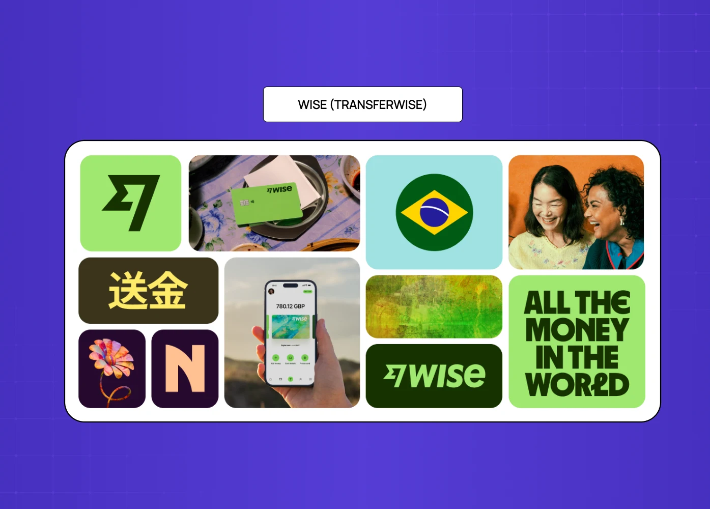 Wise (TransferWise) rebrand showcasing global visuals, typography, and multi-currency identity elements.
