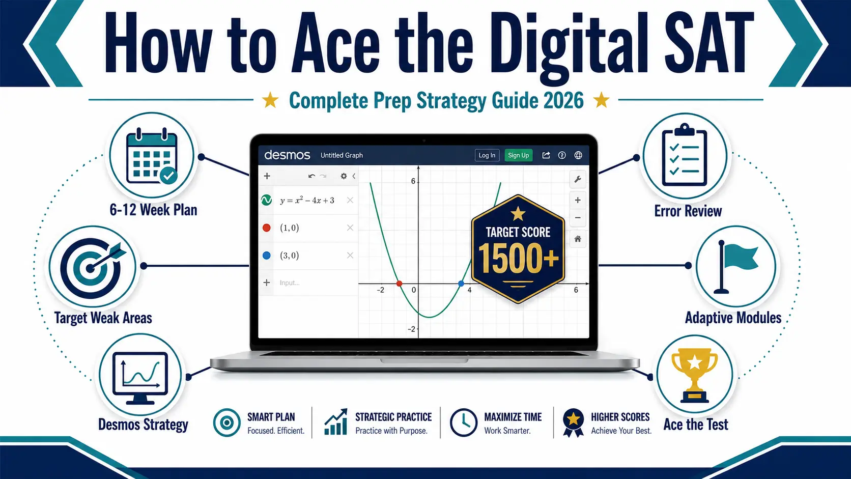 How to ace the digital SAT cover infographic with Desmos calculator, adaptive modules, and score goals for 2026 college admissions prep.