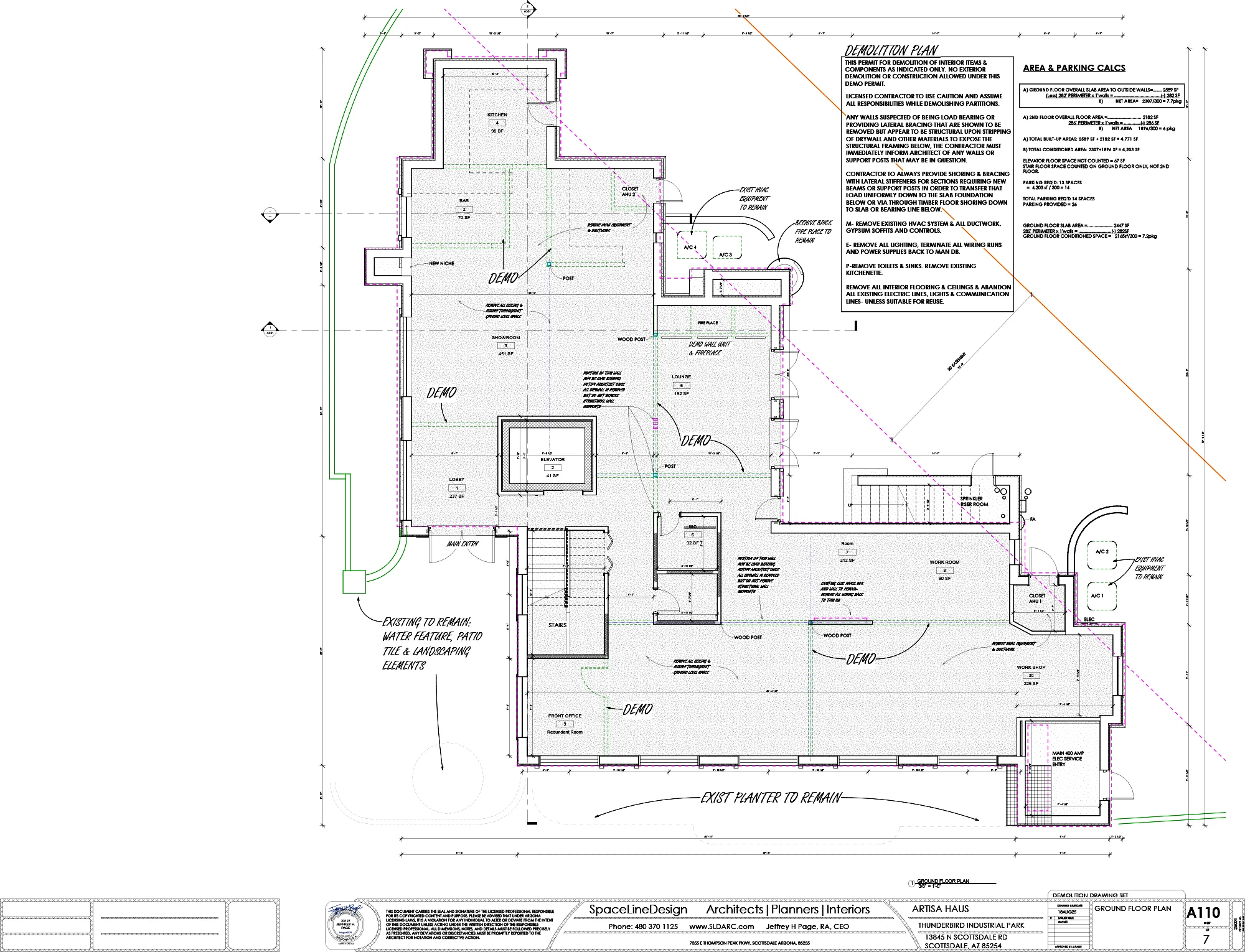 Architectural floor plan by SpaceLineDesign, showcasing an existing Spanish Villa in Scottsdale to be converted into contemporary offices.