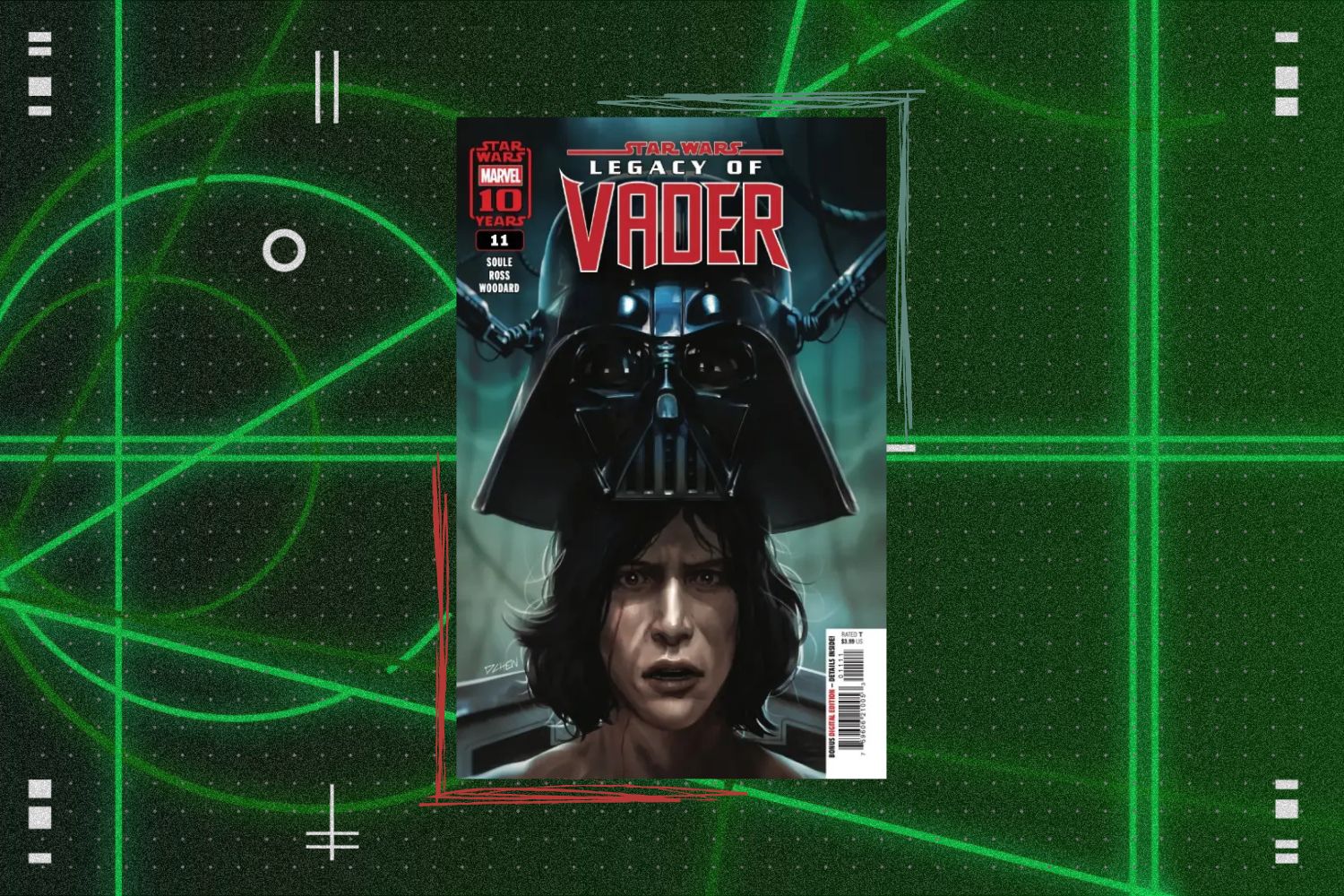 Cover for Star Wars: Legacy of Vader #11 featuring Kylo Ren about to put on Darth Vader's helmet. The cover is in front of a green geometric background