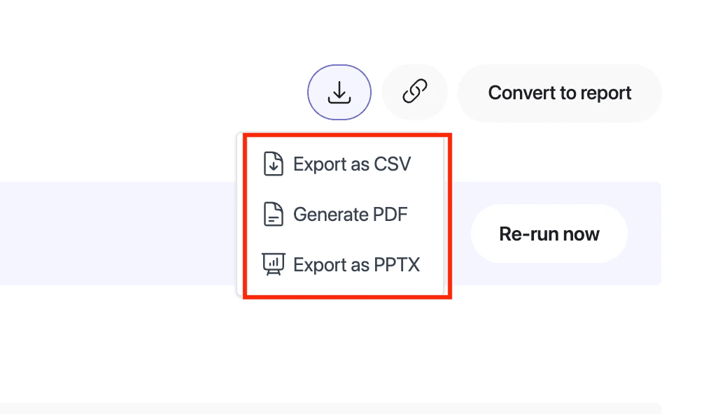 Insights dashboard showing options to export research results as CSV, PDF, or PPTX