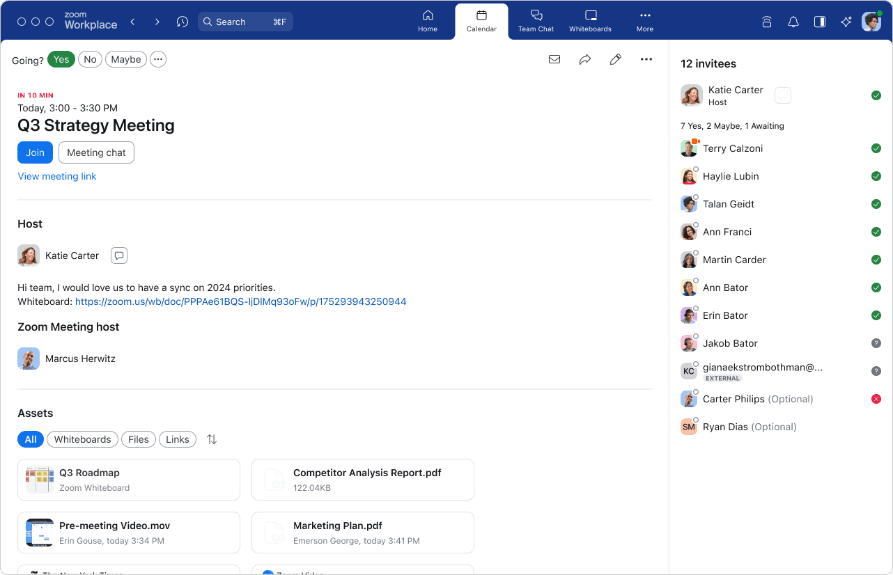 The new combined Meetings and Calendar tab in Zoom Workplace, where you can attach meeting materials like files and whiteboards.