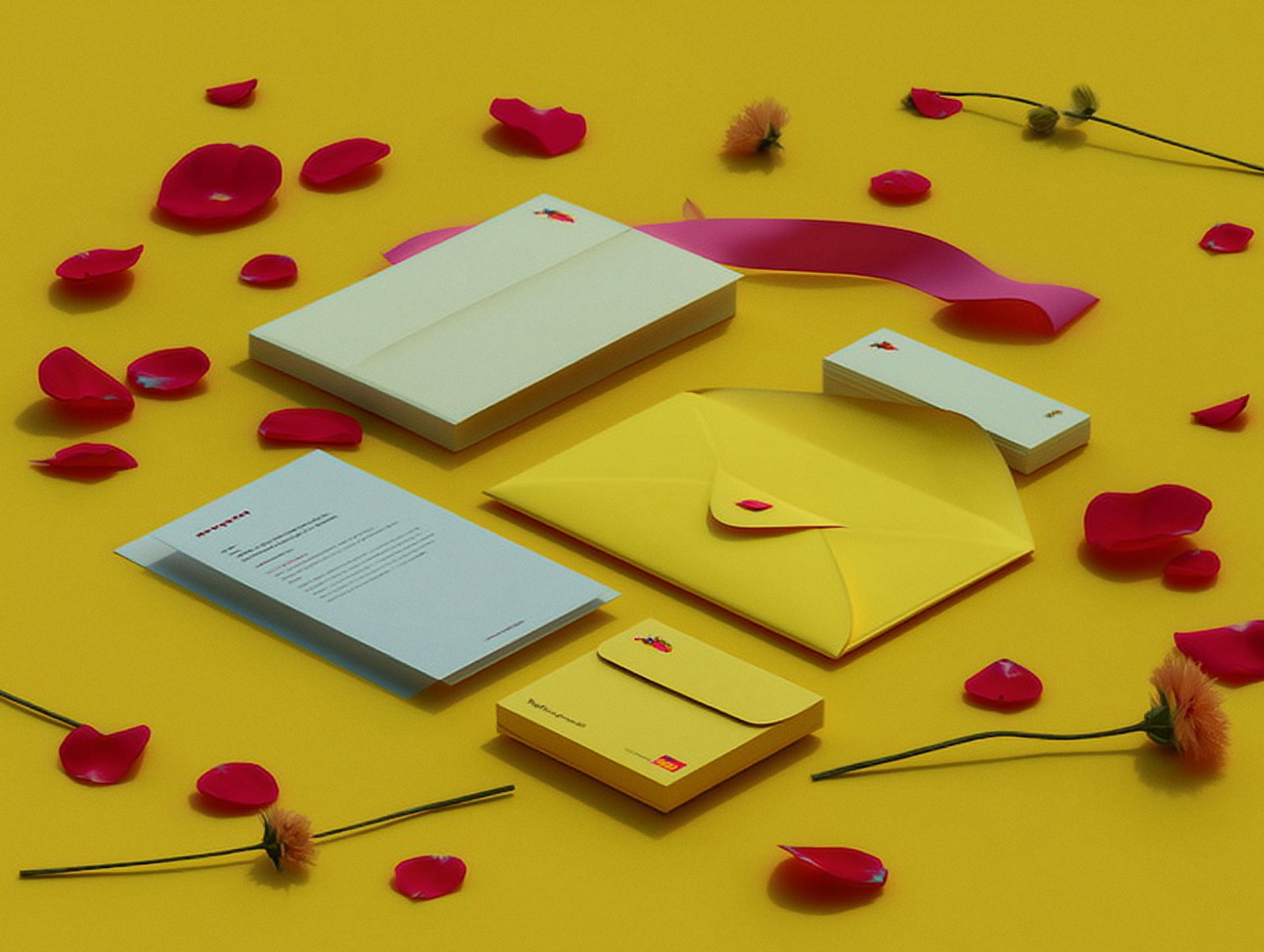 Isometric 3D render of yellow stationery set with laptop, notebooks and scattered rose petals on teal surface