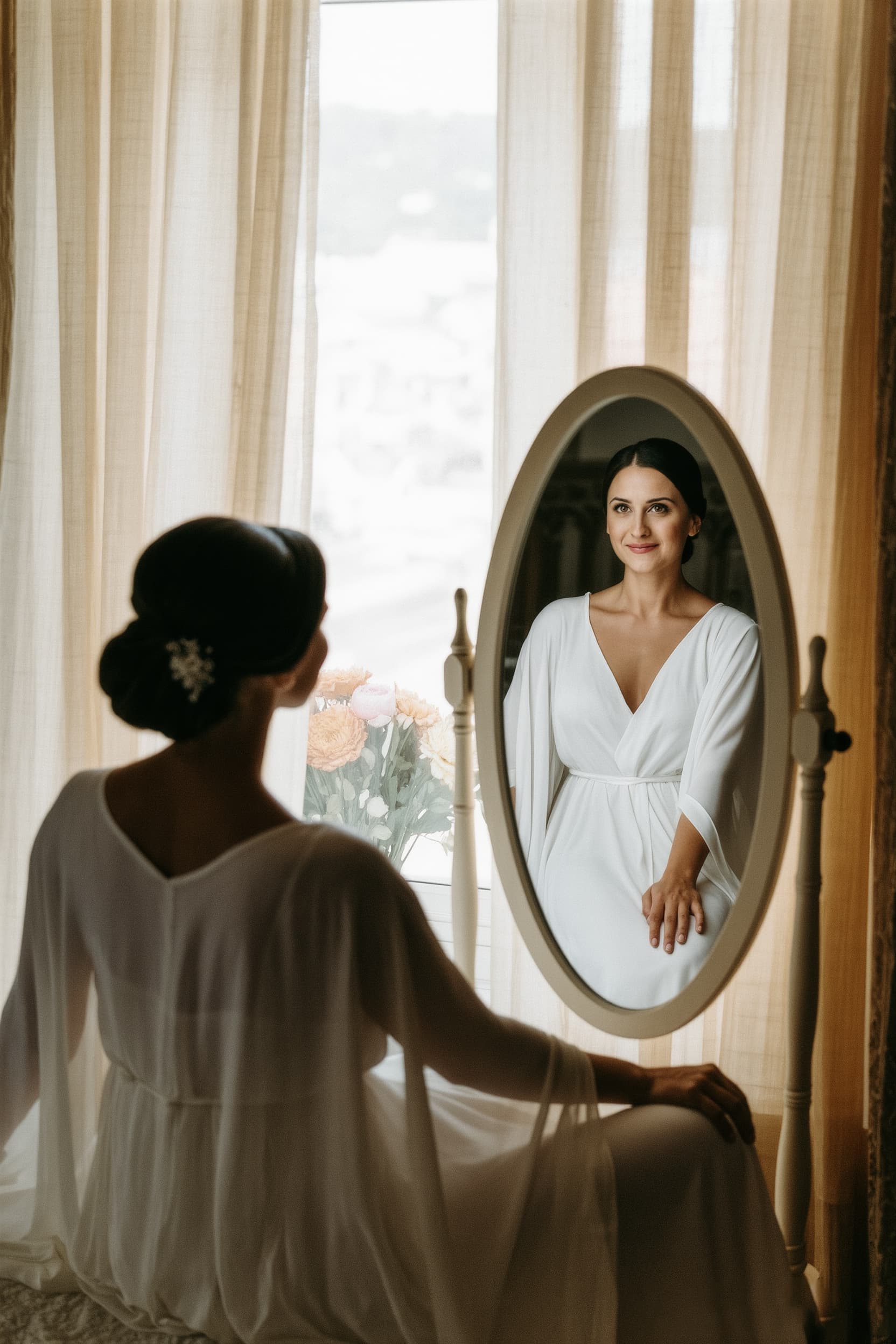 Bride getting ready – woman in white robe looking in mirror with floral hair accessory