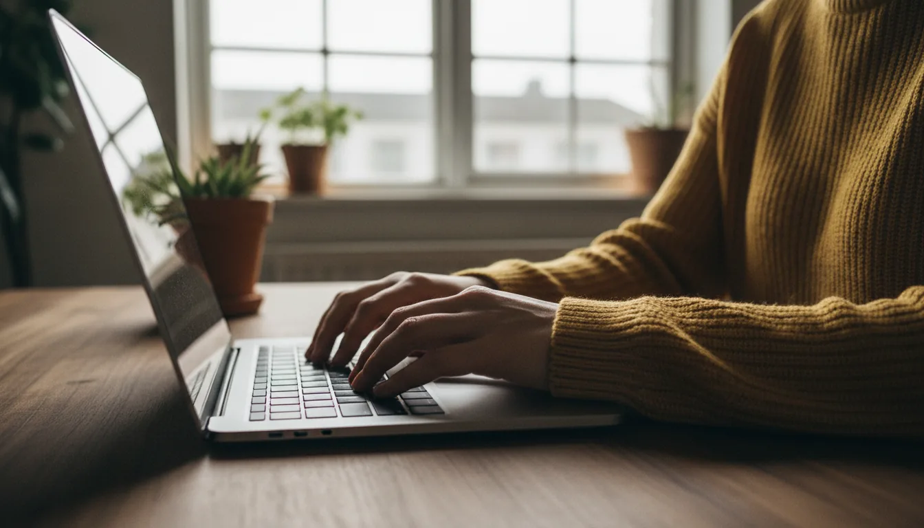 DSLR photograph, medium close-up from a side angle of a person's hands typing on a silver MacBook Pro. The person is wearing a chunky, mustard-yellow ribbed knit sweater, sitting at a dark wood desk. The scene has cinematic contrast with moody shadows, lit by bright natural daylight from a large window in the background. Shallow depth of field with the hands and keyboard in sharp focus and the background blurred. Warm, earthy color palette with a subtle film grain texture.