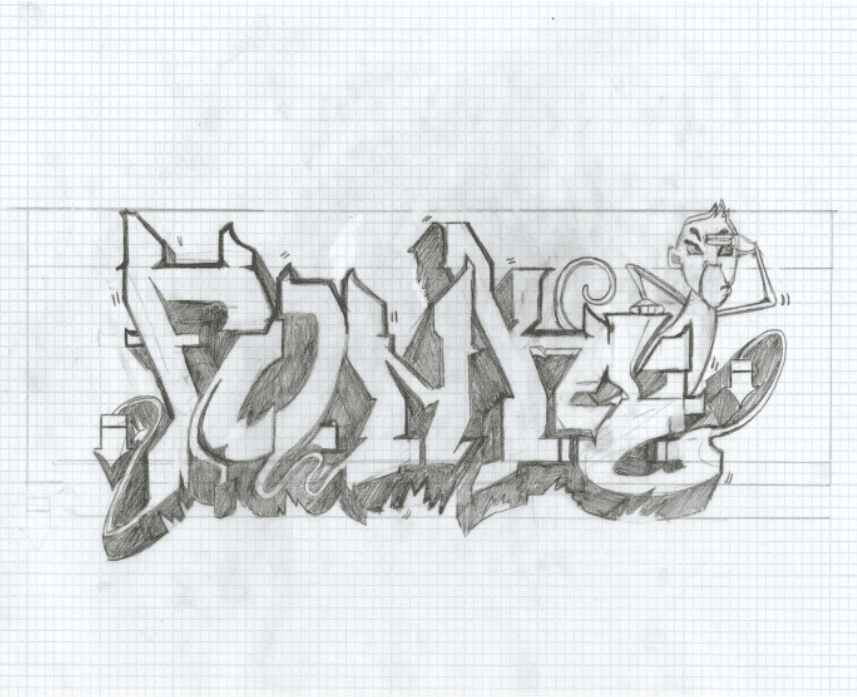 pencil drawing on graph paper of the spray paint piece.