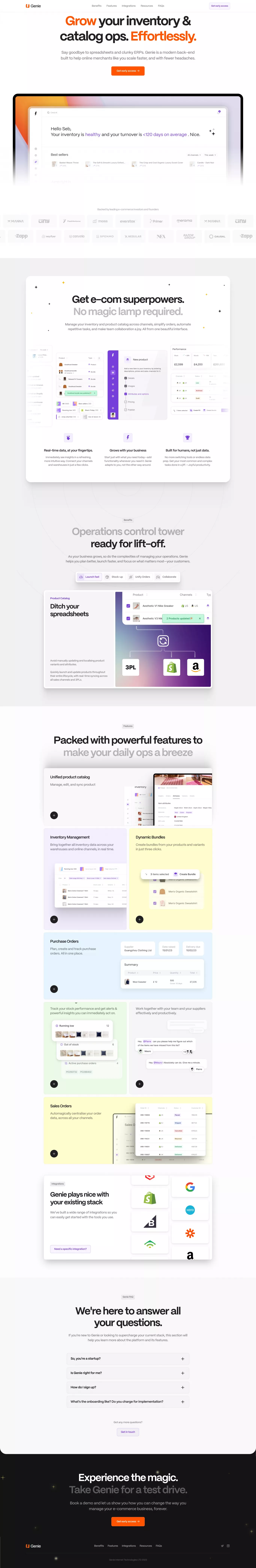 Genie - Scale your e-com backend ops, ef landing page screenshot showcasing Tech and Ecommerce design
