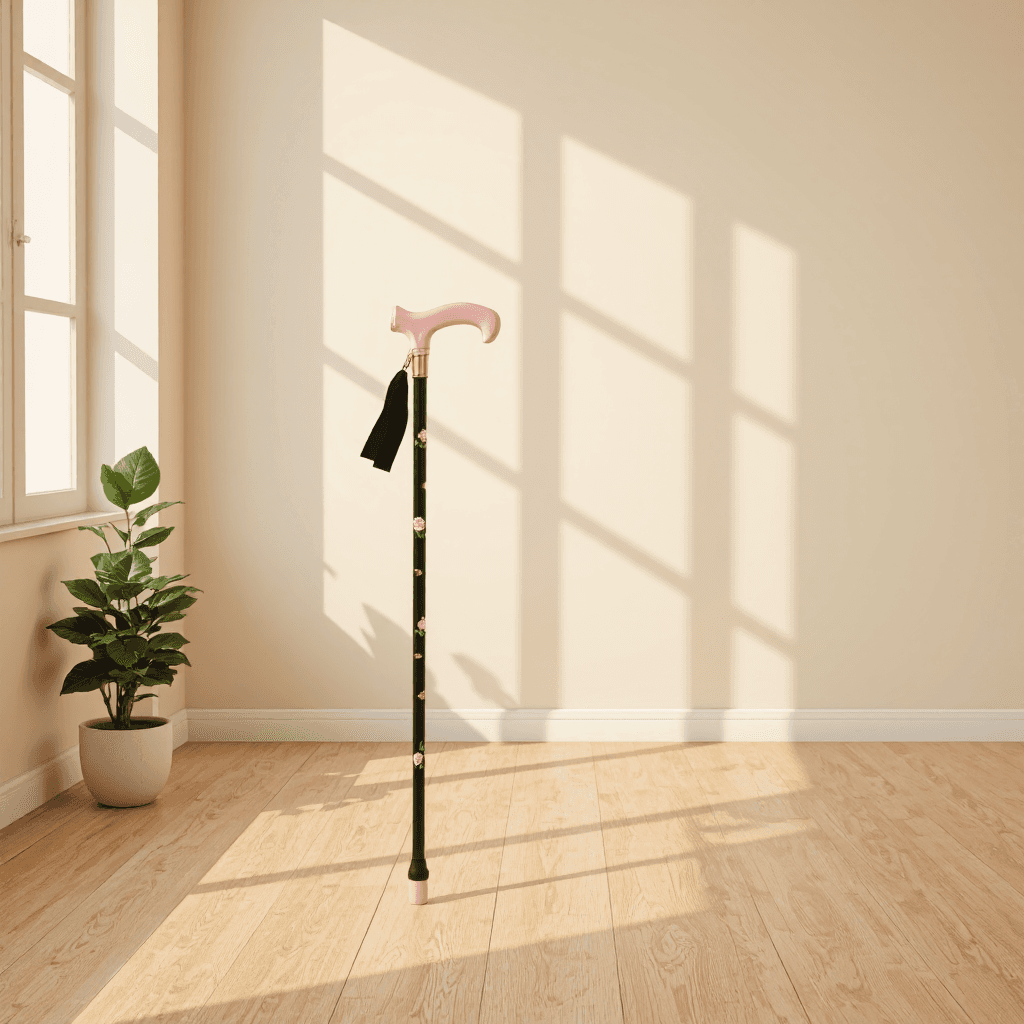 product photography of a decorative walking cane with a floral design