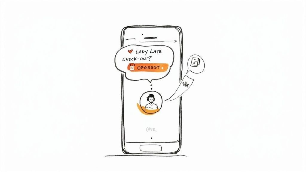 Sketch of a smartphone displaying a guest messaging app asking about late check-out options.