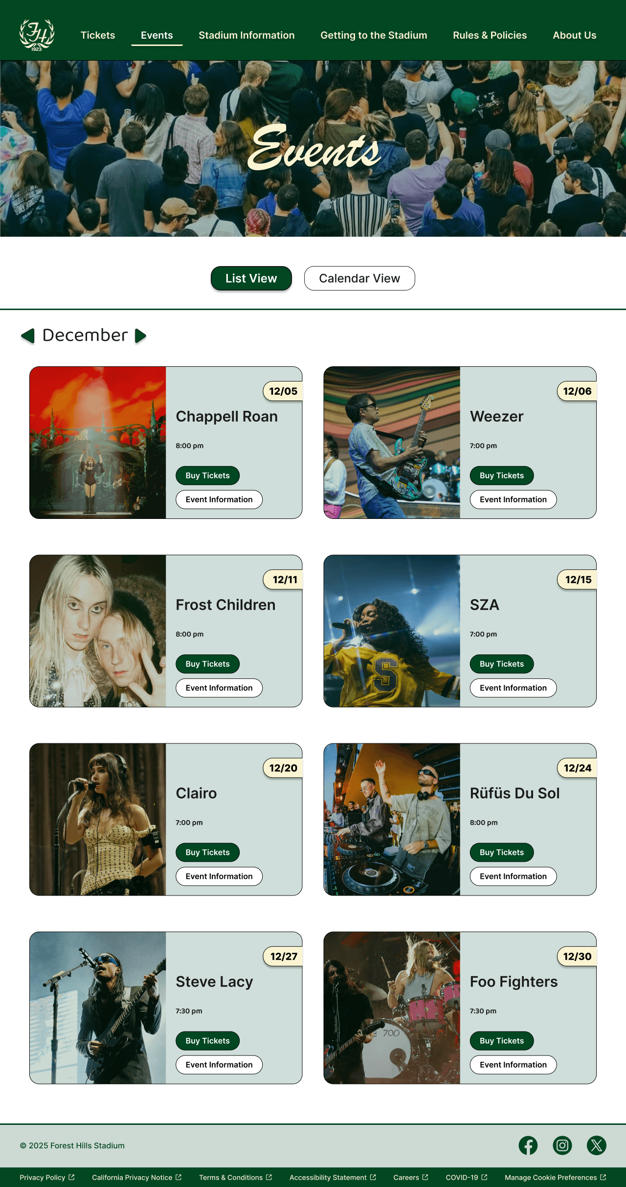 Redesigned Events page in List View showing December events as cards in 2-column grid with dates, times, and ticket/info buttons