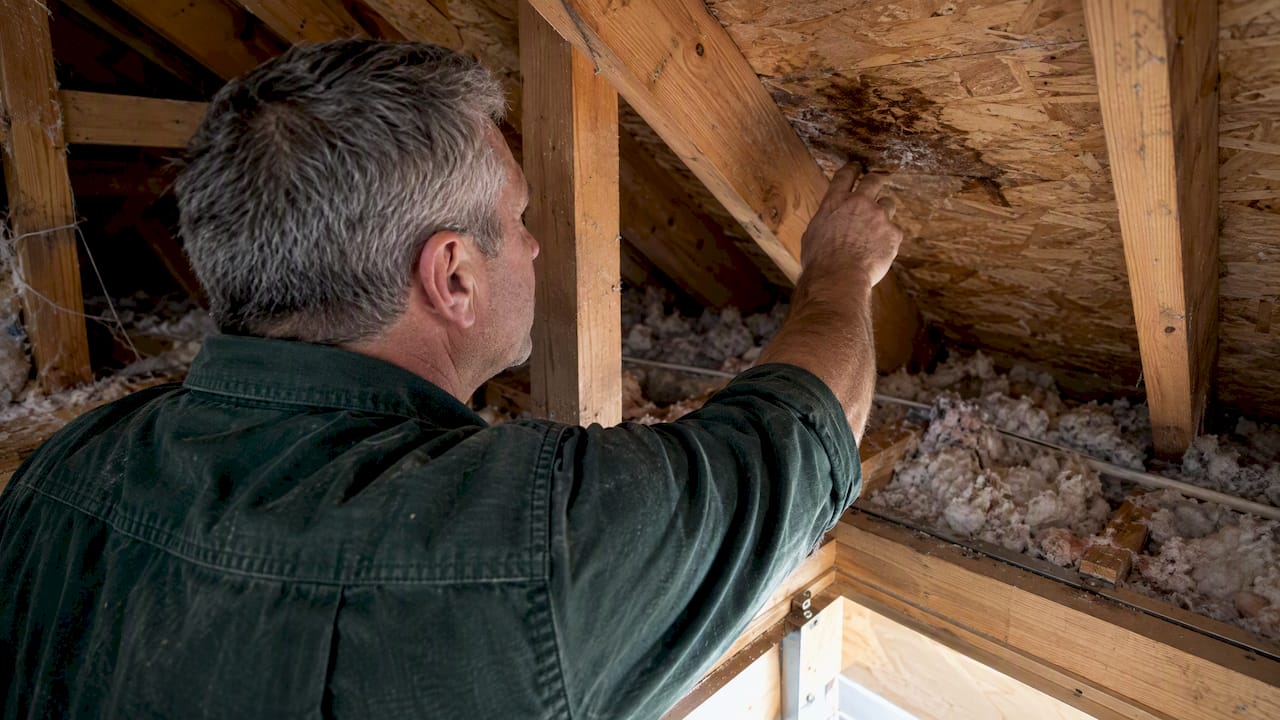 Contractor inspecting attic framing and water staining