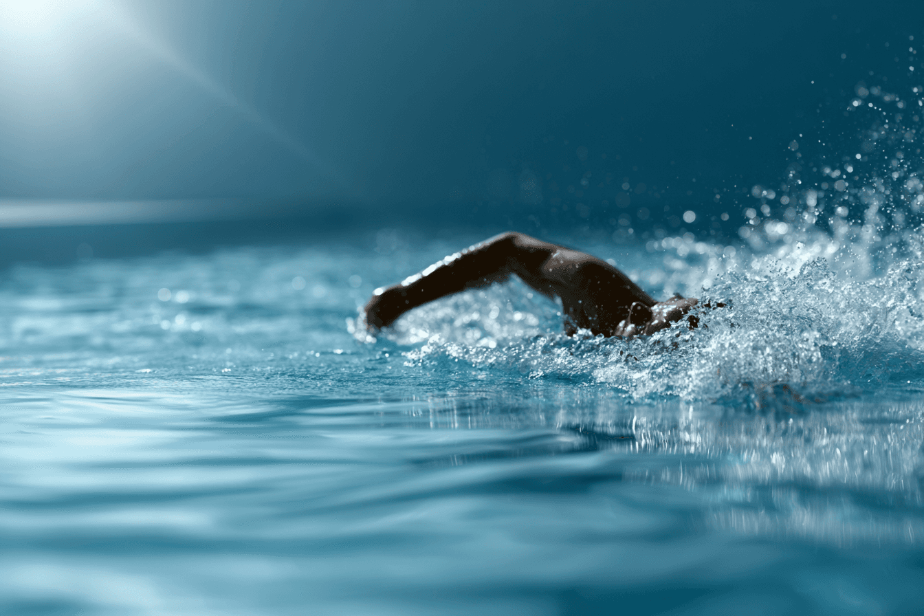 One swimmer doing freestyle in an indoor pool, dynamic water splash, motion blur