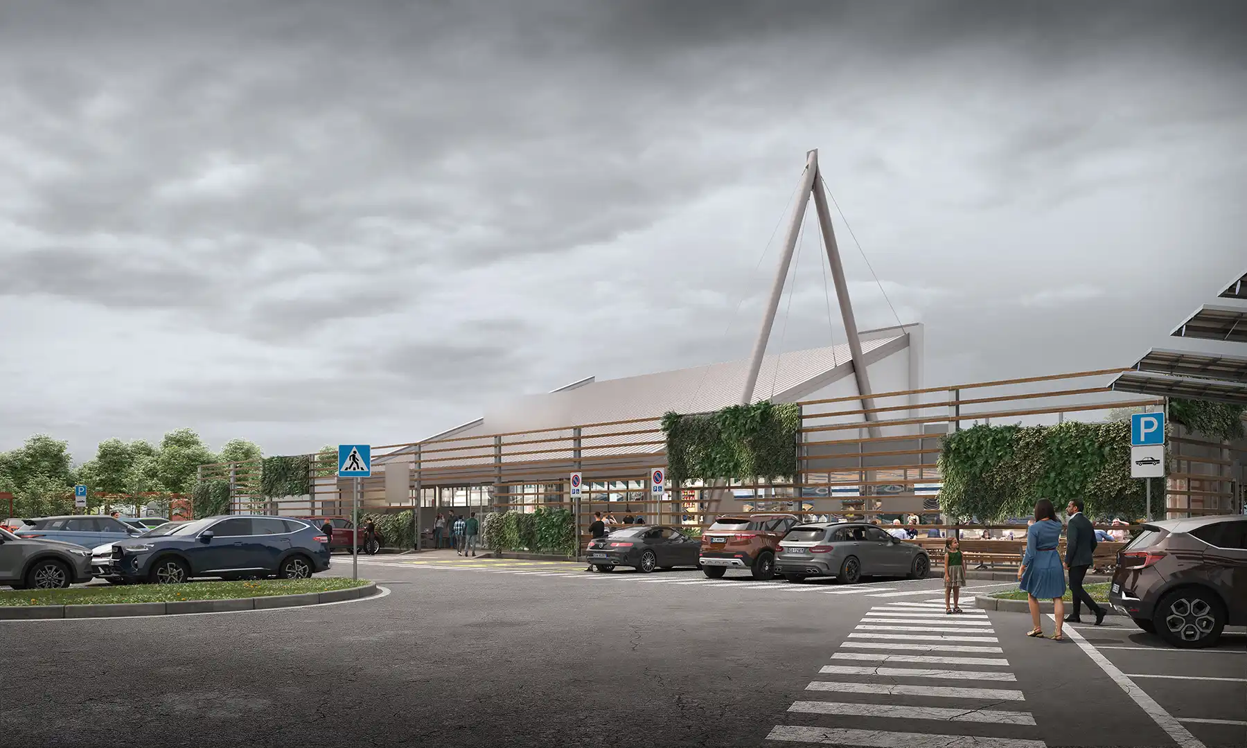 Modern commercial building with A-frame structure, green living walls, parking area, and pedestrian crossing. Contemporary service station or public facility exterior rendering.
