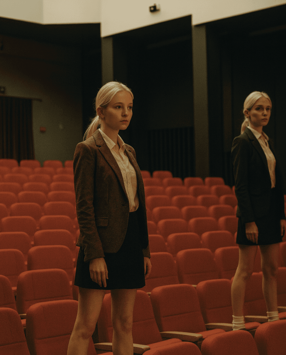 Two women standing among empty red theater seats, wearing formal outfits
